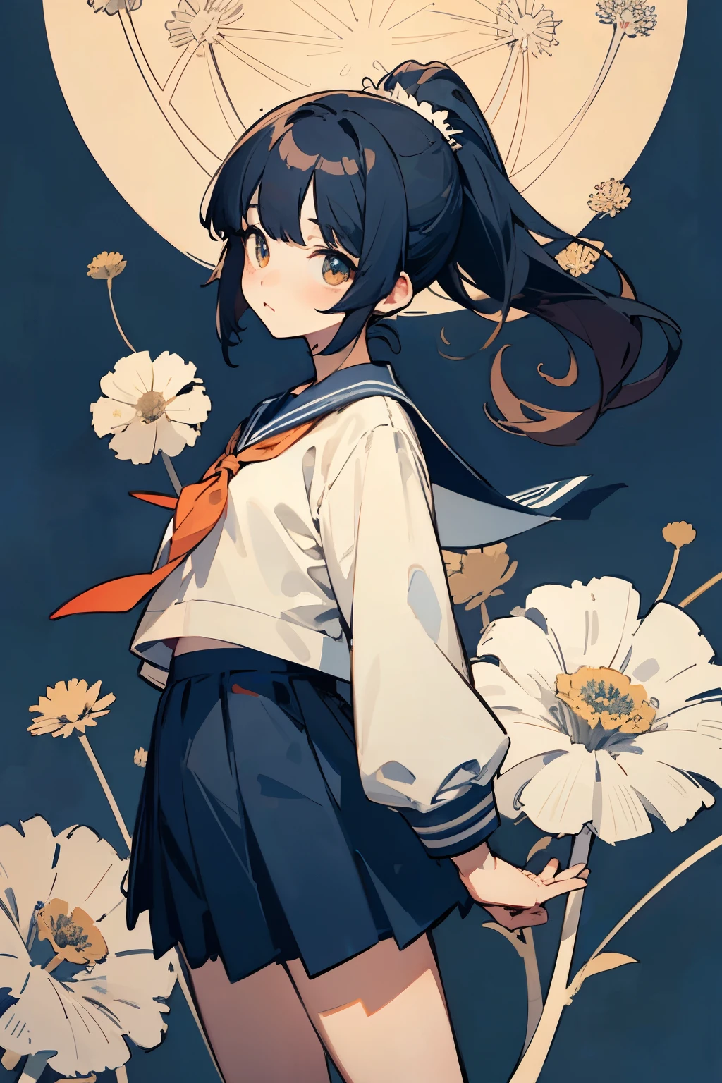 bluish black hair,long ponytail,sailor suit,cute,Drooping eyes,Marume,The background is dandelions