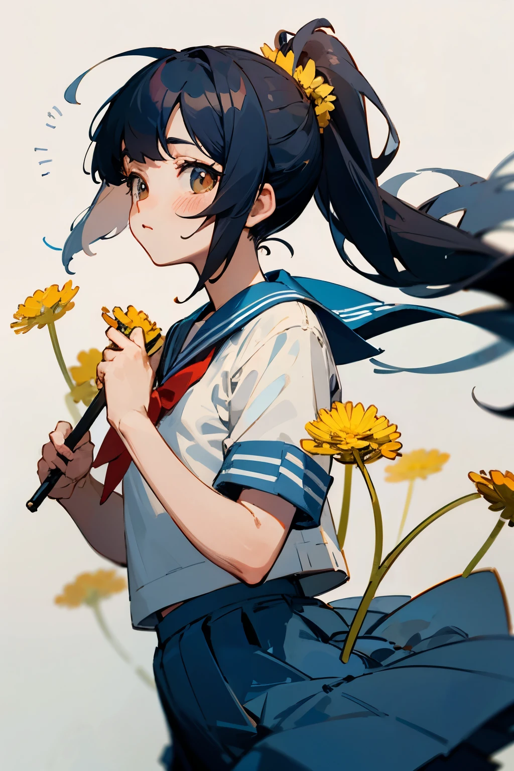 bluish black hair,long ponytail,sailor suit,cute,Drooping eyes,Marume,The background is dandelions