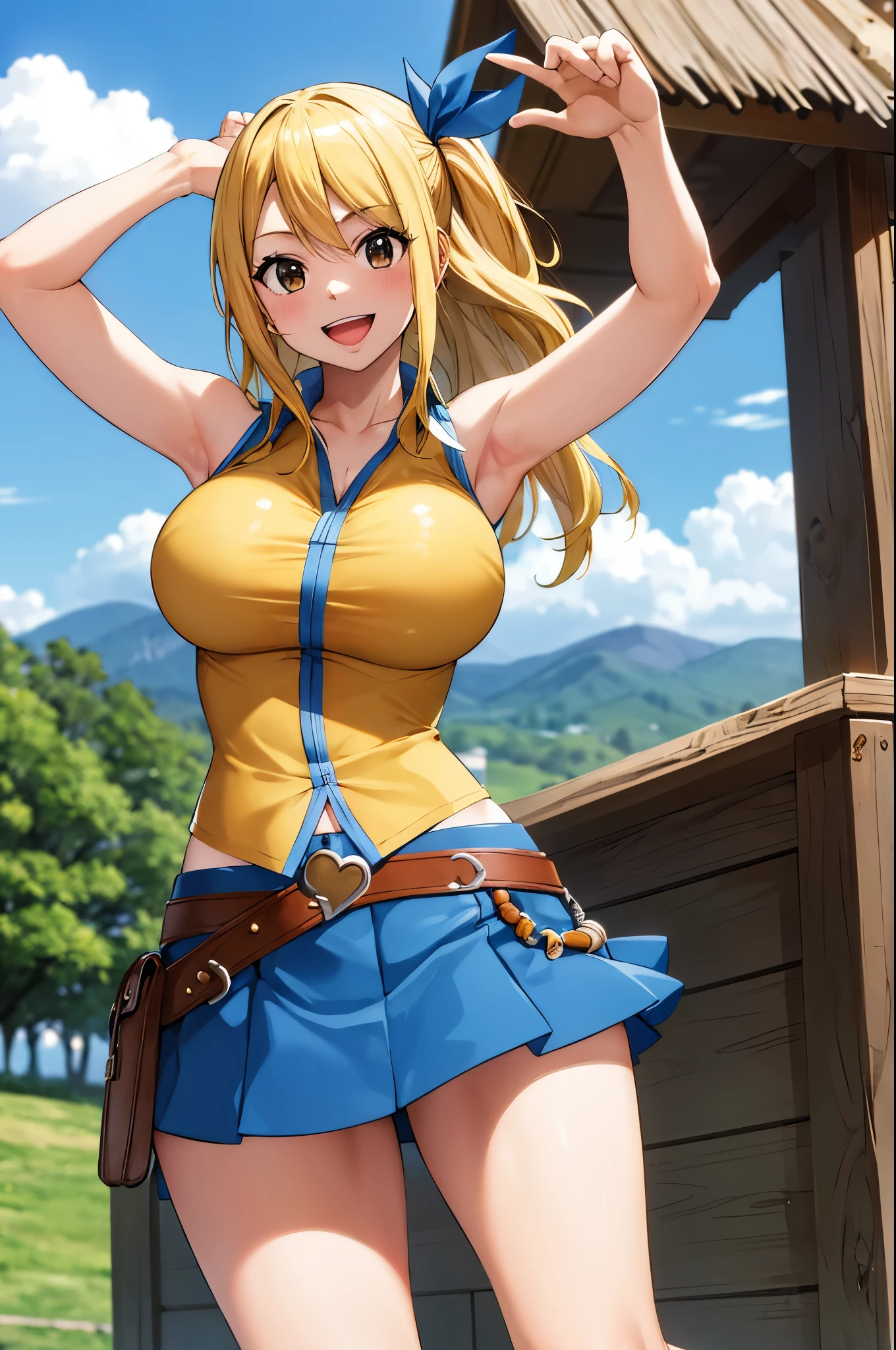 masterpiece, best quality, highres, lucy heartfilia, blonde hair, long hair, large breasts, yellow shirt, sleeveless, belt, blue skirt, cowboy shot, standing, looking at viewer, outdoors, waving, smile, open mouth,