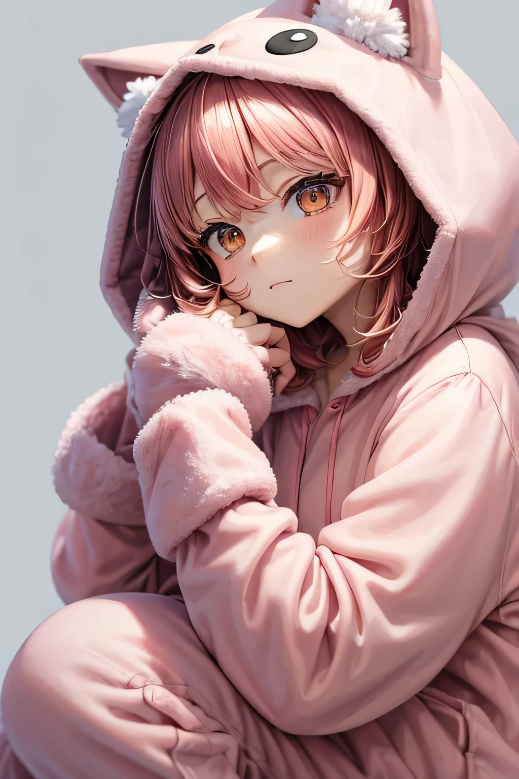 Chibi, Nendoroid, ((worst quality, low quality)), ((Close-up), profile,1.5 facing left), ( girl), pink hair, (Fluffy wolf costume pajamas:1.4), (Open pajamas:1.2), (light red pajamas:1.4), Animal Hoodie, (hood up:1.under the hoodie, oversized hoodie, five fingers, perfect hands, casino background, best quality,Super detailed, masterpiece,