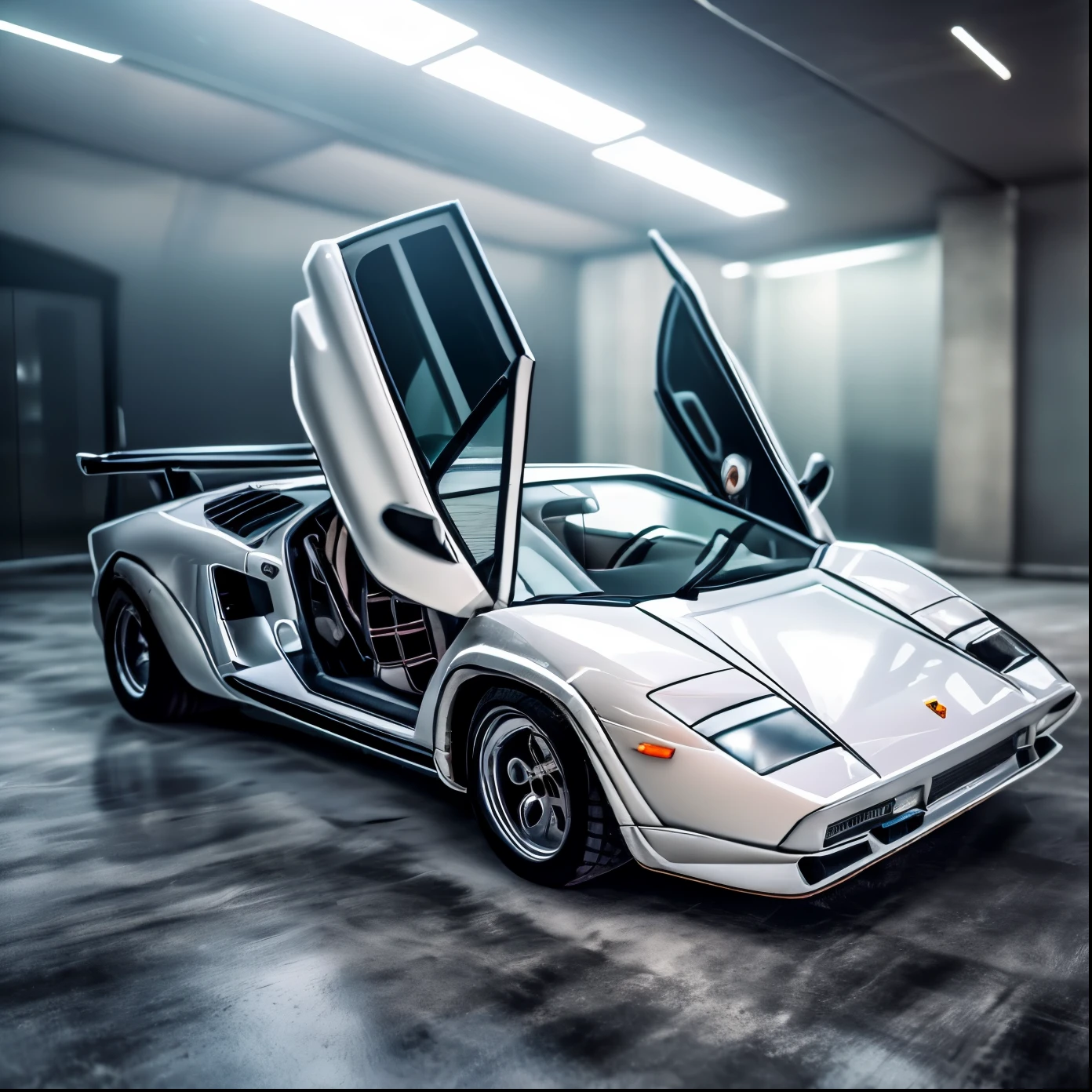 Cinematic photograph of a white 1980s Lamborghini (good composition), (in frame), centered, 8k, 4k, detailed, attractive, beautiful, impressive, photorealistic, realistic, cinematic composition, volumetric lighting, high-resolution, vivid, detailed, stunning, professional, lifelike, crisp, flawless, DSLR, 4k, 8k, 16k, 1024, 2048, 4096, detailed, sharp, best quality, high quality, highres, absurdres