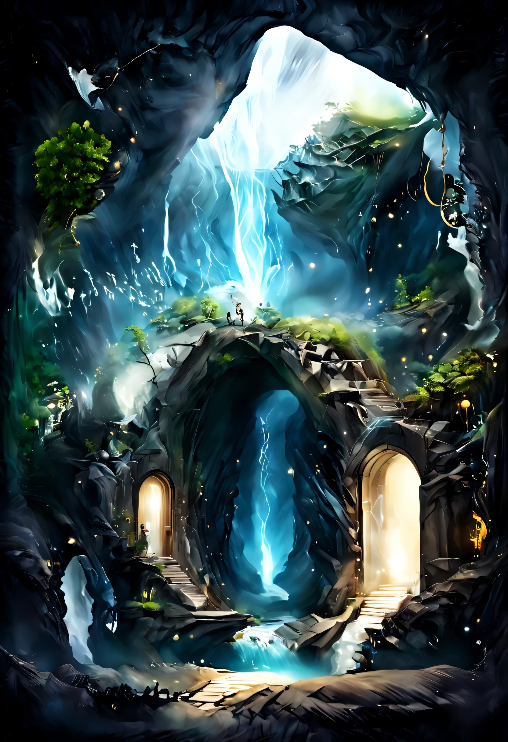 Forgotten Gate of Time and Space.Underground cave room with waterfall,Forgotten Gate of Time and Space/Forgotten Gate of Time and Space/The Forgotten Gate of Time and Space Fantasy Design, Luxurious environment, underground cave environment,, Beautiful fantasy cave scene, futuristic setting,Forgotten Gate of Time and Space