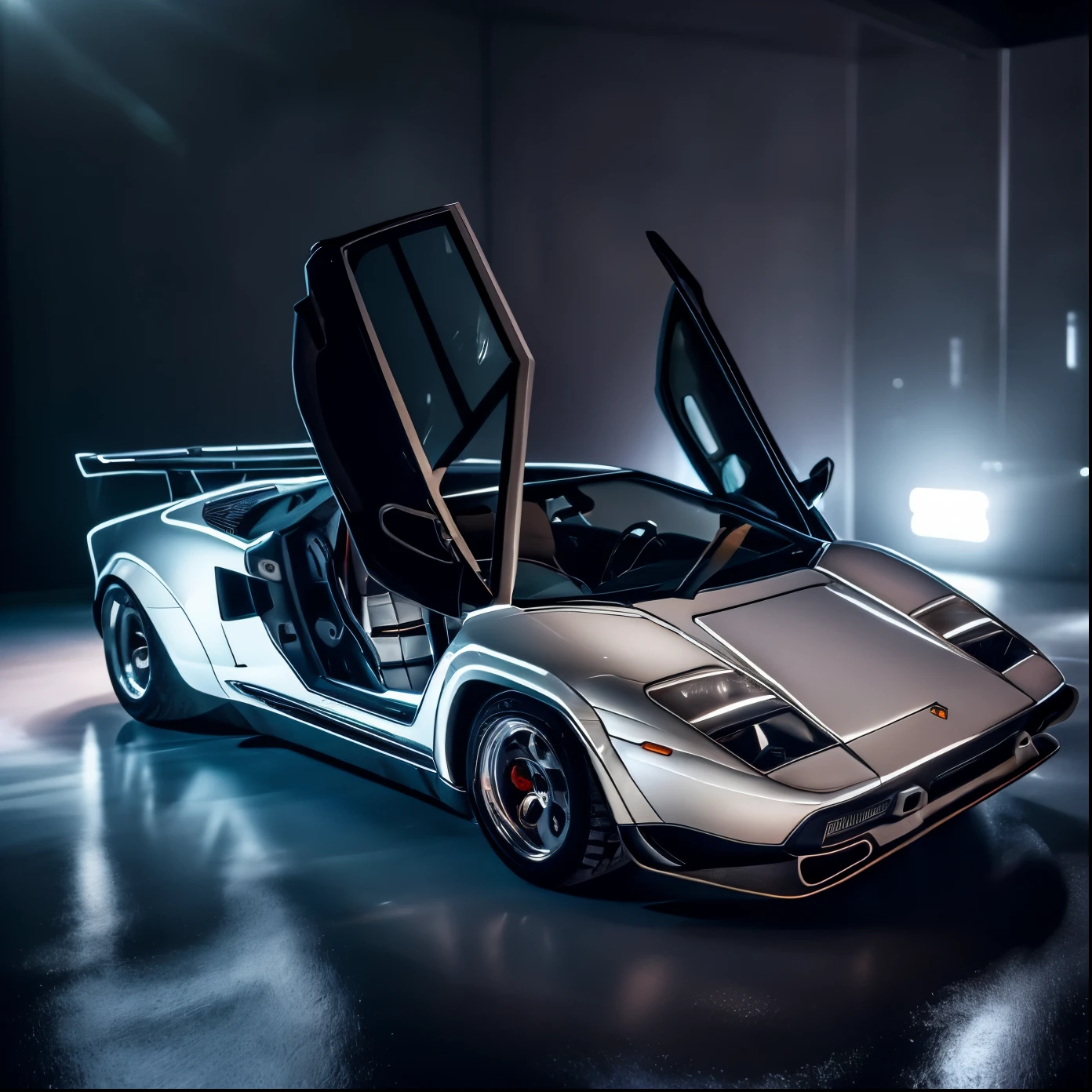 Cinematic photograph of a  white 1980s Lamborghini (good composition), (in frame), centered, 8k, 4k, detailed, attractive, beautiful, impressive, photorealistic, realistic, cinematic composition, volumetric lighting, high-resolution, vivid, detailed, stunning, professional, lifelike, crisp, flawless, DSLR, 4k, 8k, 16k, 1024, 2048, 4096, detailed, sharp, best quality, high quality, highres, absurdres