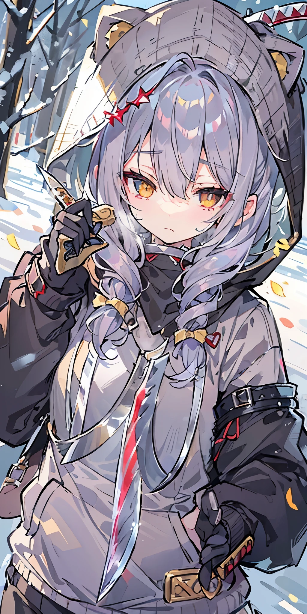 long hair、cute、white stockings、Heart-shaped pupils、solo、gray hair、winter、snow、outdoor、(((golden eyes)))、Ahoge、(((Black hoodie)))、head covering、With weapons、(((((battle)))))、 cold look、 Filmography、 ((((((knife))))))、 village、((((Show the whole body))))、