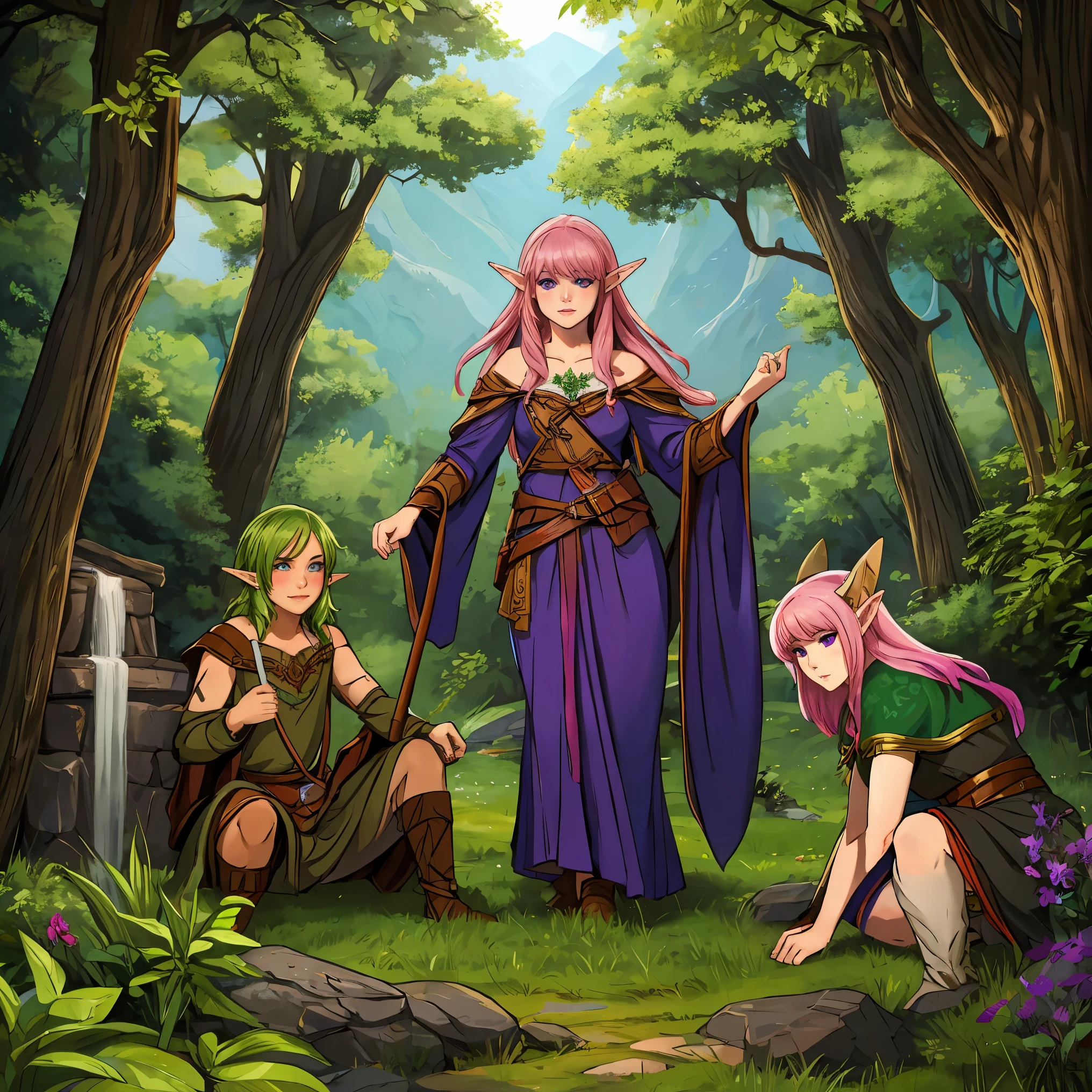 Elf, druid, pink hair, green highlights, purple eyes, character, female, d&d, nature, fantasy