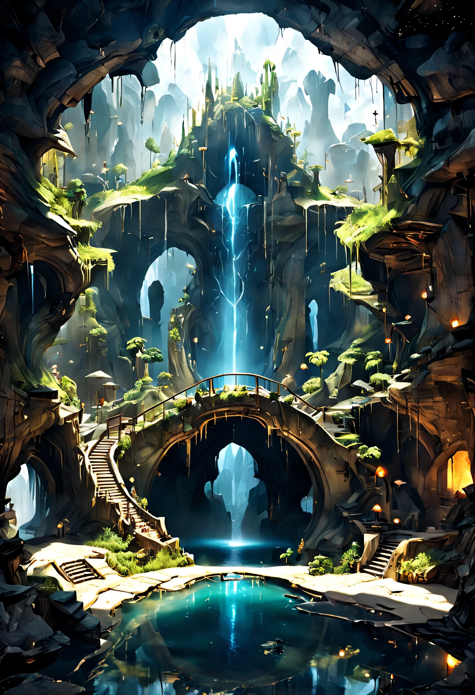 Forgotten Gate of Time and Space.Underground cave room with waterfall,Forgotten Gate of Time and Space/Forgotten Gate of Time and Space/The Forgotten Gate of Time and Space Fantasy Design, Luxurious environment, underground cave environment,, Beautiful fantasy cave scene, futuristic setting,Forgotten Gate of Time and Space