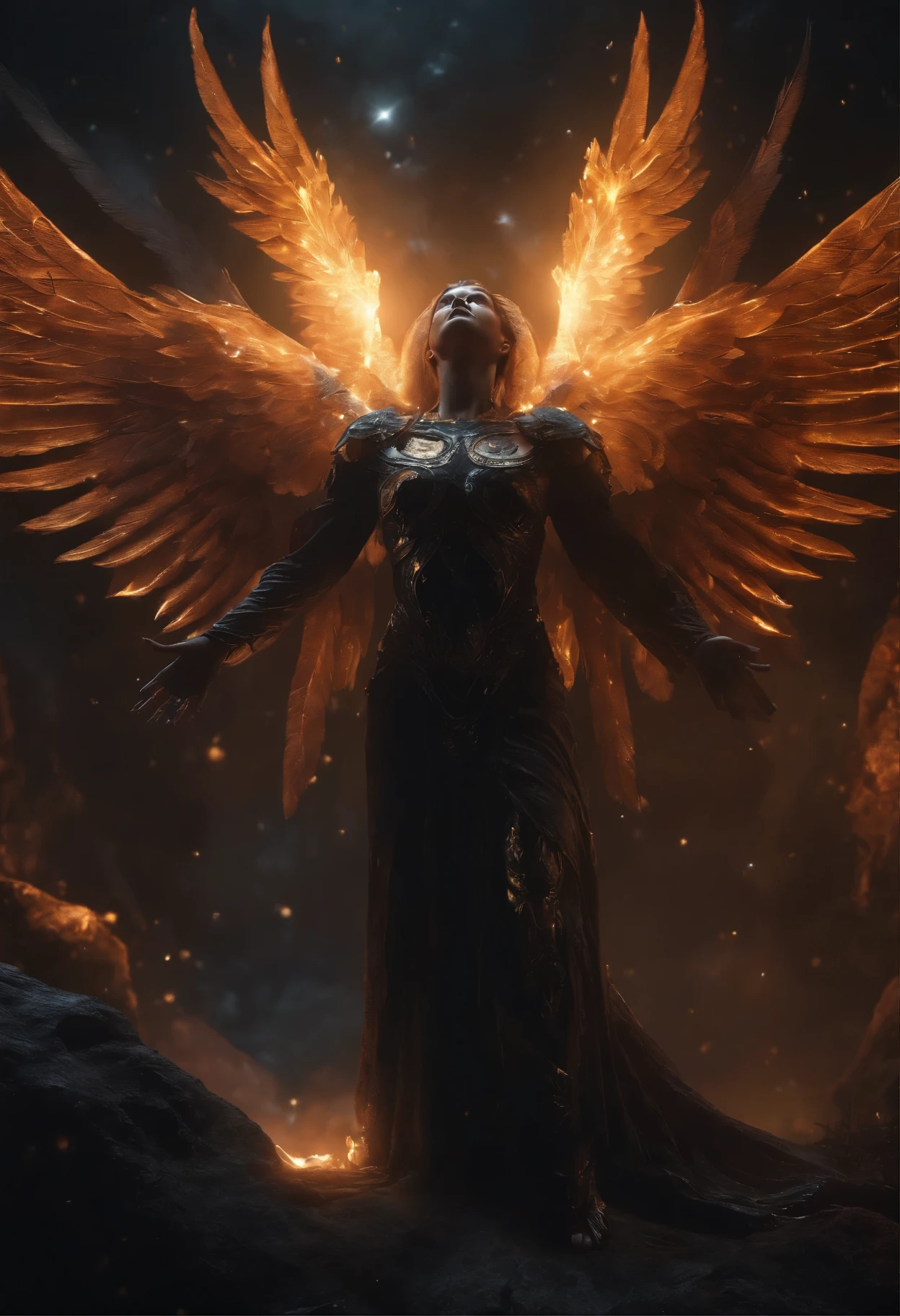 (best quality,4k,8k,highres,masterpiece:1.2),ultra-detailed,(realistic,photorealistic,photo-realistic:1.37),Cosmic Fallen Angel,glowing light eyes, Biomechanical, eerie, Creepy, nightmarish,Very bright colors, Light particles,with light glowing,Mshiv,wallpaper art,UHD wallpaper