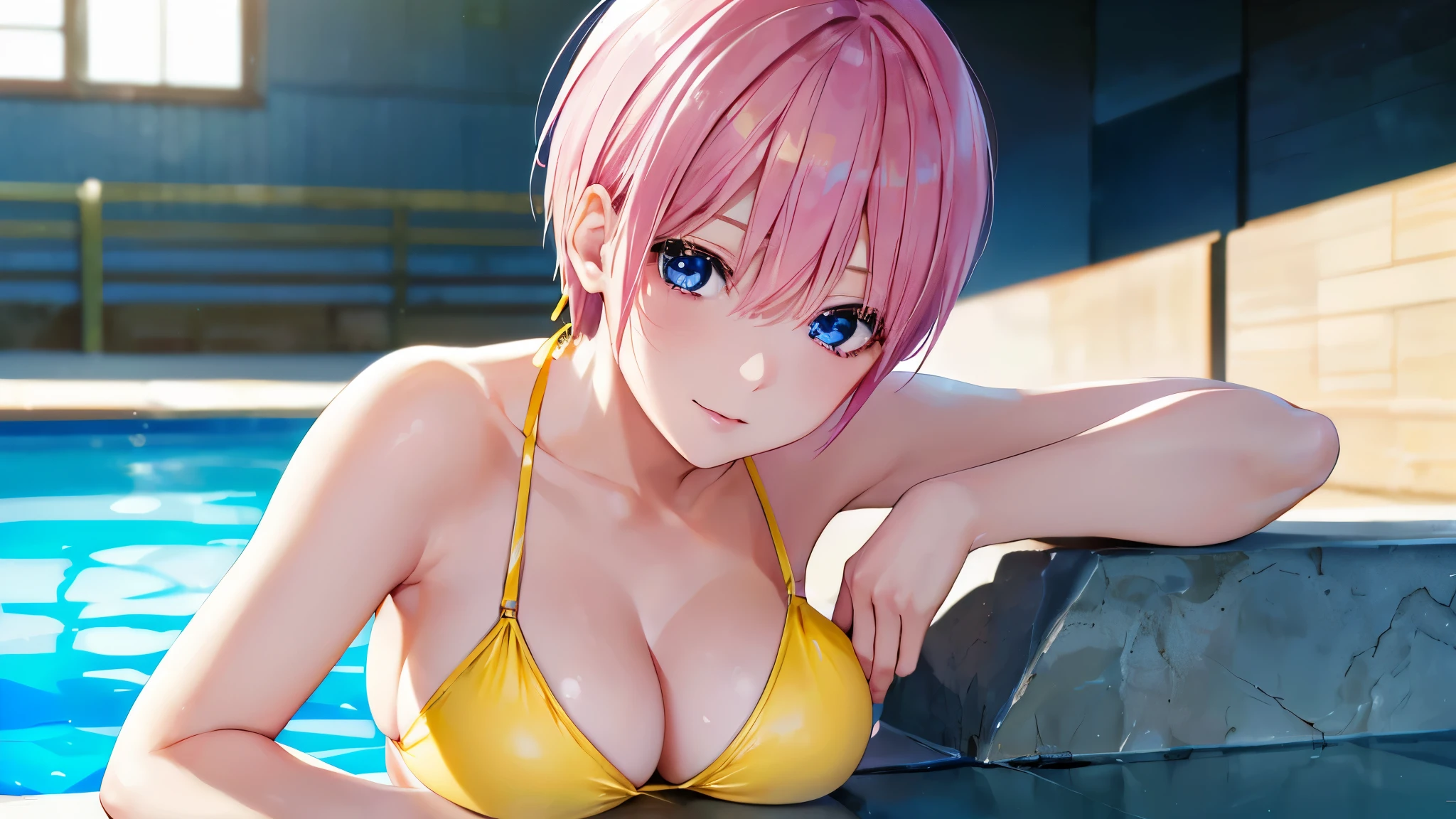 ichikanakano, ichika nakano, short hair, bangs, blue eyes, hair between eyes, pink hair, (Yellow Bikini:1.3), highest quality, High resolution, unity 8k wallpaper, (beautiful and fine eyes:1.4), highly detailed face, perfect lighting, (perfect hands, perfect anatomy), cowboy shot, background a pool, best smile, 