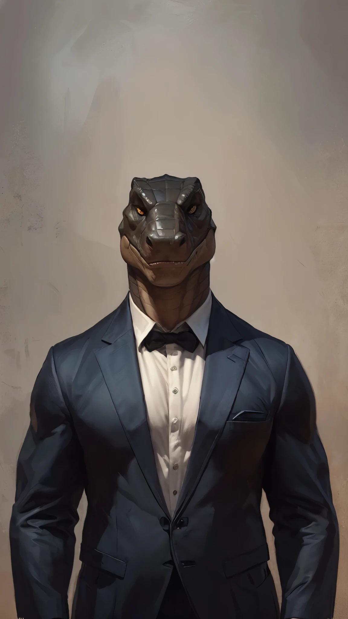 By taran fiddler, by pixelsketcher, by darkgem, by honovy, by foxovh, solo, male, muscular, fat, broad shoulders, looking down at viewer, rape face, massive, tall, (brown alligator, big head), looking at viewer, big balls, penis, ((designer clothes, armani suit))