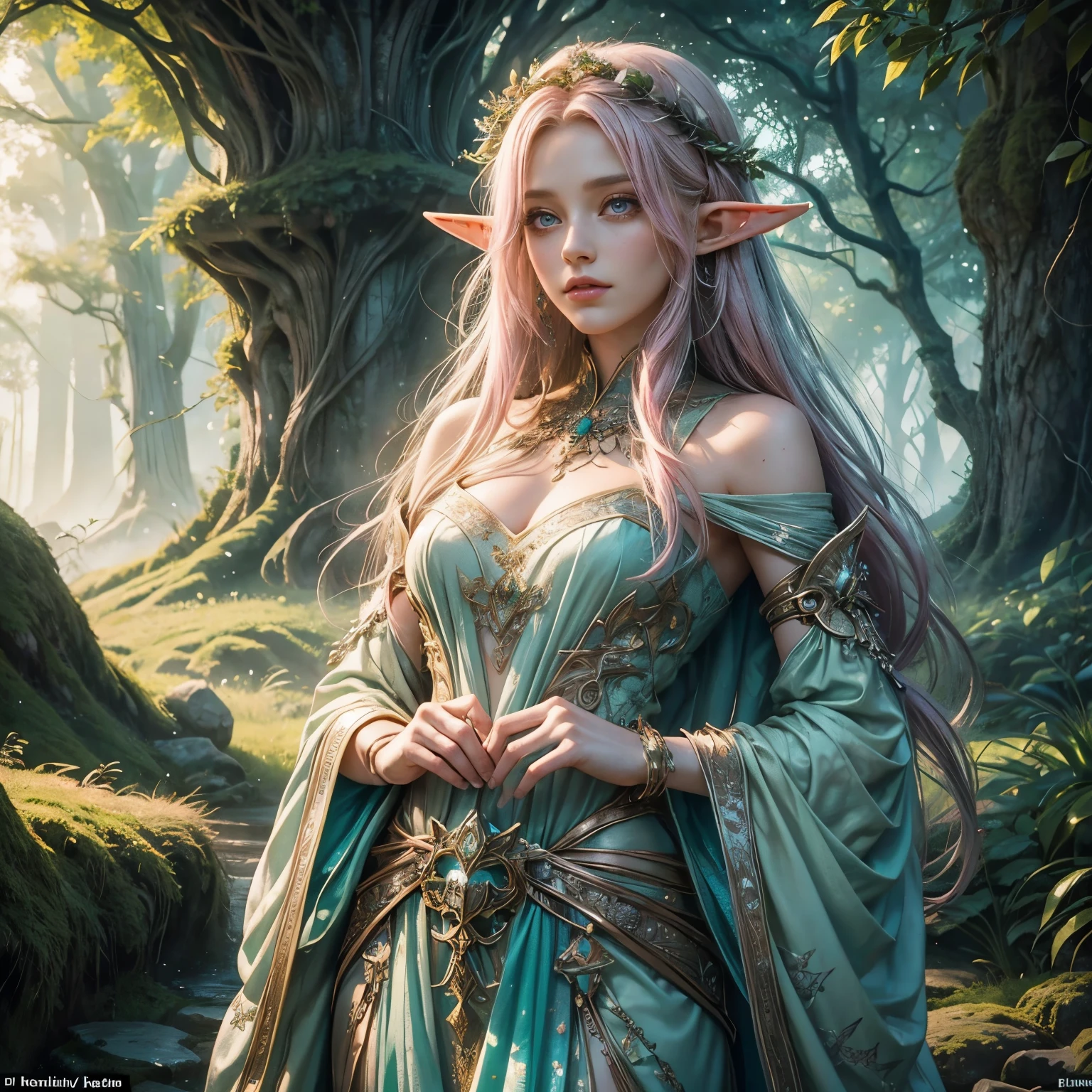 (Highest Quality, 16k), Elf woman with pink shoulder-length hair having vibrant green highlights, deeply rooted in the fantasy world of D&D, portrayed as a Druid, enchanting forest scenario as the backdrop, somber yet captivating, purple eyes sparkling with an aura of mystery, intricately detailed,
Elf's delicate facial features, finely detailed freckles sprinkled across the bridge of her nose, ethereal and noble, her long, slender fingers adorned with intricate, glowing runes, embodying a deep connection to nature, her flowing gown, made of the softest silver thread, bl