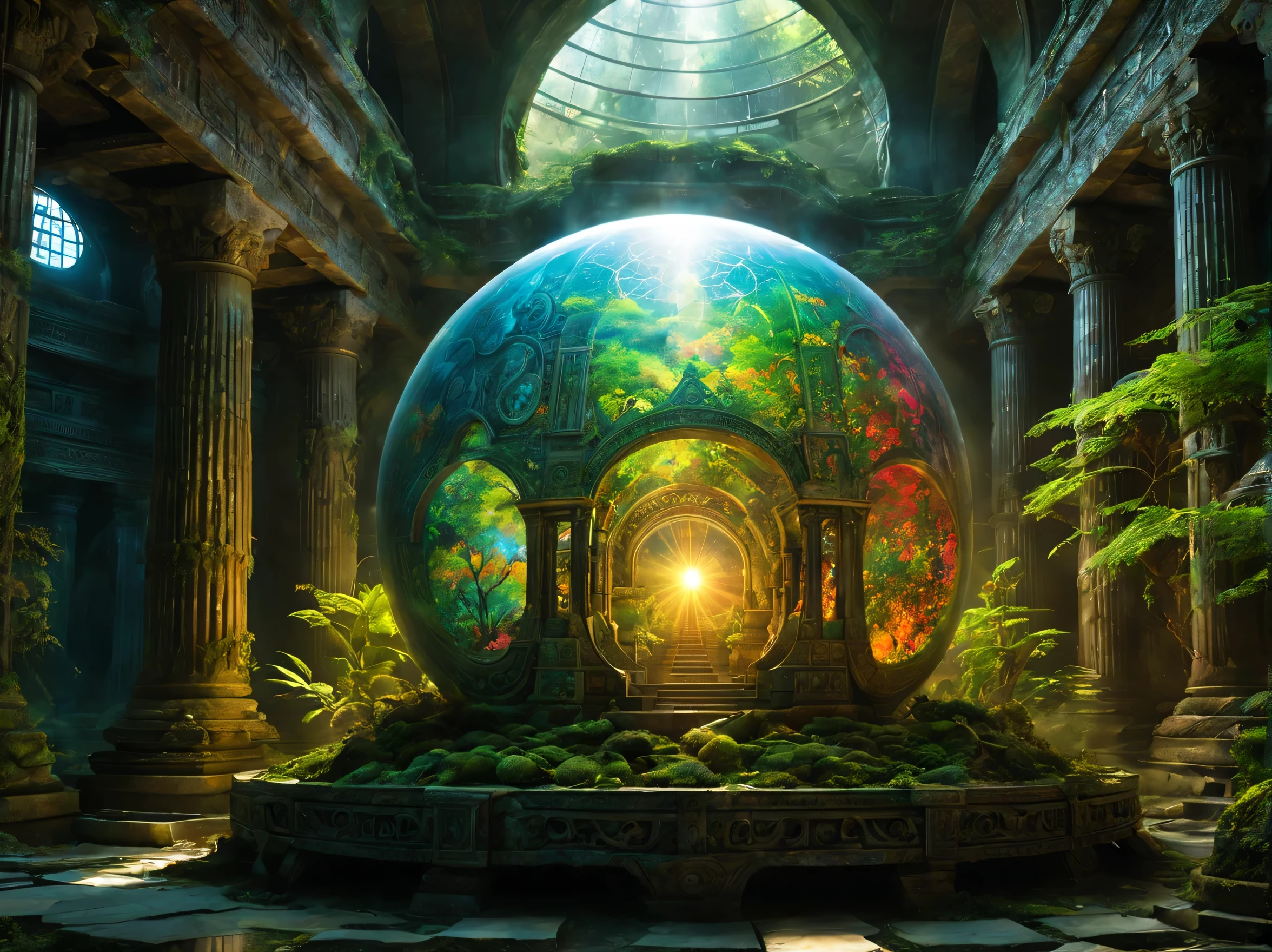 landscape,In the center of the room((spherical light:Mysterious:magic effect:light of science:intricate patterns drawn with light:be familiar with:holography:Reflects the beautiful vision of ancient civilizations:flash:rich colors:Cast colorful spells)),flash,とてもflash,Overgrown with plants,leaf,vine,moss,Background of ancient temples:dim:Surrounded by creative murals:delicate and beautiful,feel wisdom and wisdom,It was among the ruins of a destroyed civilization..,A temple surrounded by plants,A scene from a movie,fantasy,dramatic,magic effect,light of science,Science meets magic,(効果的にholographyを配置),How beautiful,beautiful light and shadow,3D,8K,dull壁画,decoration:money:Silver:dull,The time machine created by the ancients was forgotten..、now, deep inside the temple, it is waiting for visitors.,light leaking from the ceiling,A dreamy sight