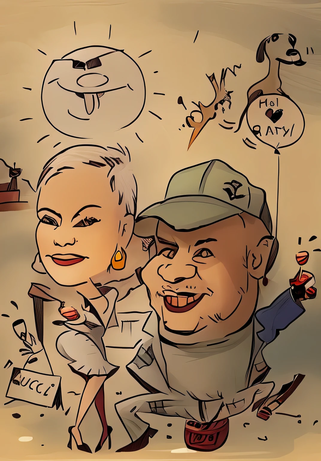 мультфильм of a man and woman with a dog and a cat, Карикатура style, Карикатура illustration, Карикатура, Карикатура, in мультфильм style, мультфильмish, Карикатура!!!, мультфильм, Богато и красиво, detailed мультфильм, political мультфильм style, мультфильм image, мультфильм still, мультфильм art, карикатурист, a мультфильм, мультфильмist, мультфильм artstyle, портрет