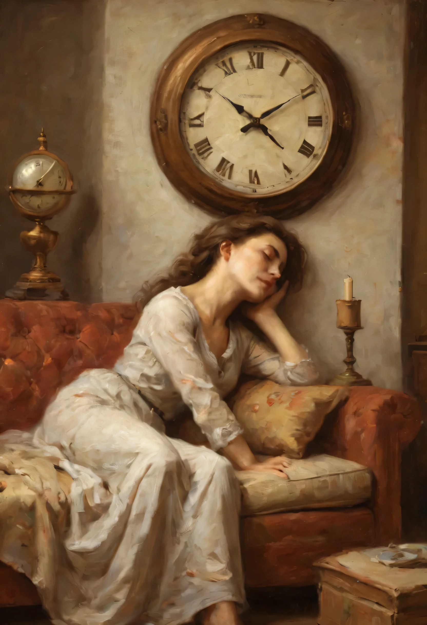 Dead,Beautiful woman sleeping on the sofa,clock on wall