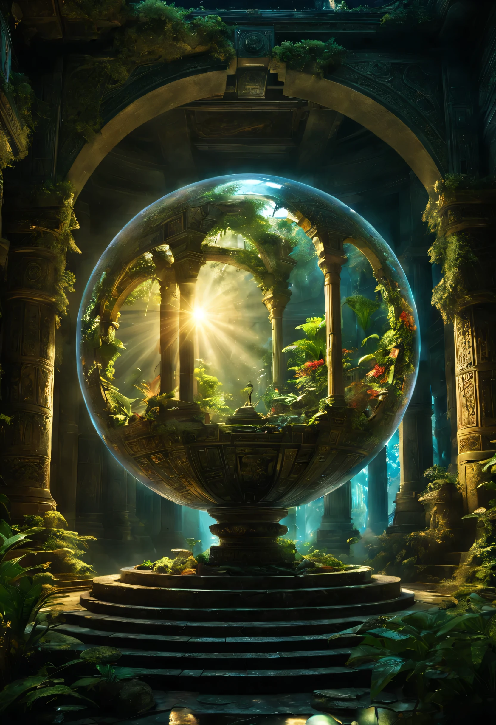 landscape,In the center of the room((spherical light:Mysterious:magic effect:light of science:intricate patterns drawn with light:be familiar with:holography:Reflects the beautiful vision of ancient civilizations:flash:rich colors:Cast colorful spells)),flash,とてもflash,Overgrown with plants,leaf,vine,moss,Background of ancient temples:dim:Surrounded by creative murals:delicate and beautiful,feel wisdom and wisdom,It was among the ruins of a destroyed civilization..,A temple surrounded by plants,A scene from a movie,fantasy,dramatic,magic effect,light of science,Science meets magic,(効果的にholographyを配置),How beautiful,beautiful light and shadow,3D,8K,dull壁画,decoration:money:Silver:dull,The time machine created by the ancients was forgotten..、now, deep inside the temple, it is waiting for visitors.,light leaking from the ceiling,A dreamy sight