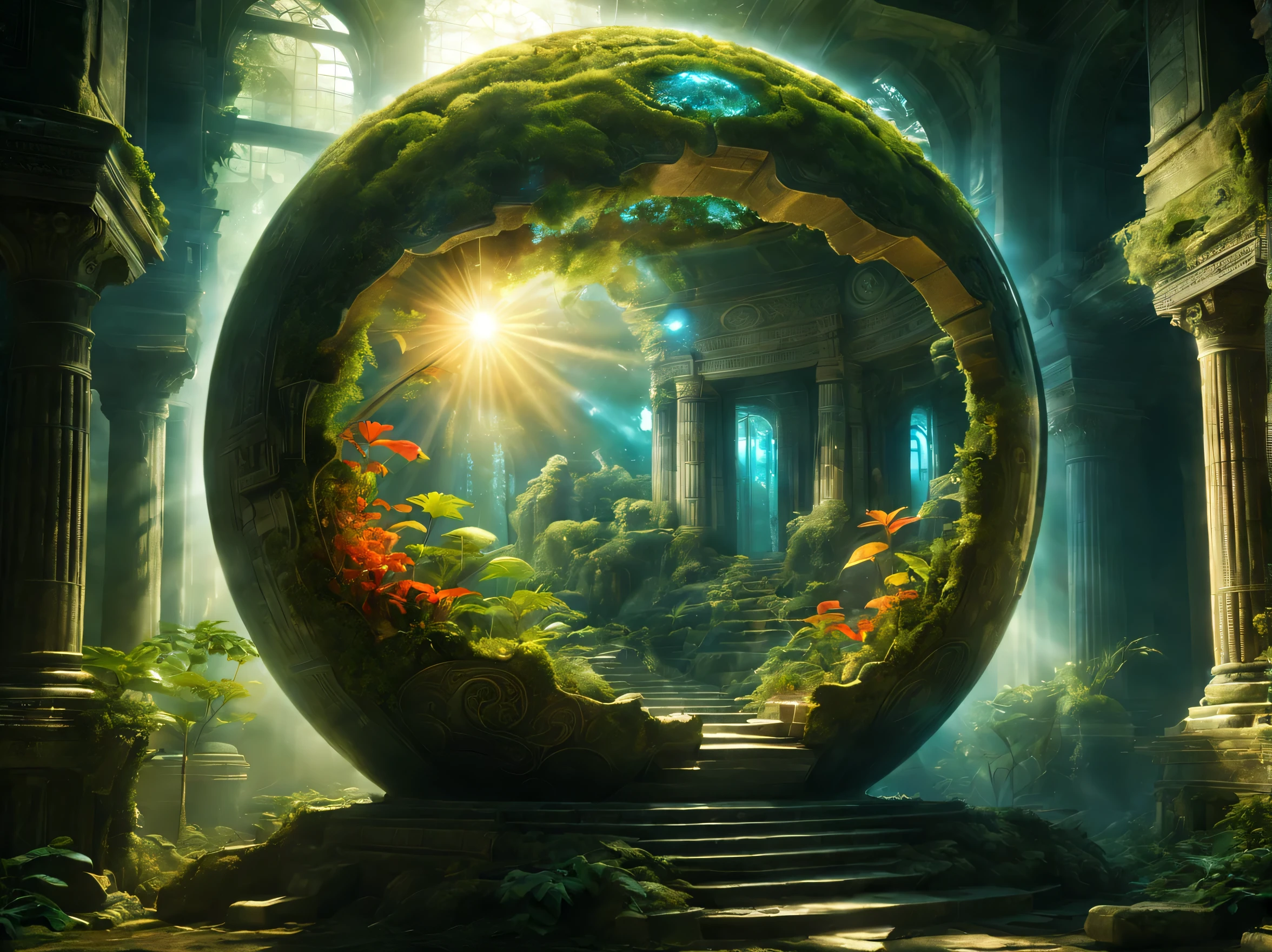 landscape,In the center of the room((spherical light:Mysterious:magic effect:light of science:intricate patterns drawn with light:be familiar with:holography:Reflects the beautiful vision of ancient civilizations:flash:rich colors:Cast colorful spells)),flash,とてもflash,Overgrown with plants,leaf,vine,moss,Background of ancient temples:dim:Surrounded by creative murals:delicate and beautiful,feel wisdom and wisdom,It was among the ruins of a destroyed civilization..,A temple surrounded by plants,A scene from a movie,fantasy,dramatic,magic effect,light of science,Science meets magic,(効果的にholographyを配置),How beautiful,beautiful light and shadow,3D,8K,dull壁画,decoration:money:Silver:dull,The time machine created by the ancients was forgotten..、now, deep inside the temple, it is waiting for visitors.,light leaking from the ceiling,A dreamy sight