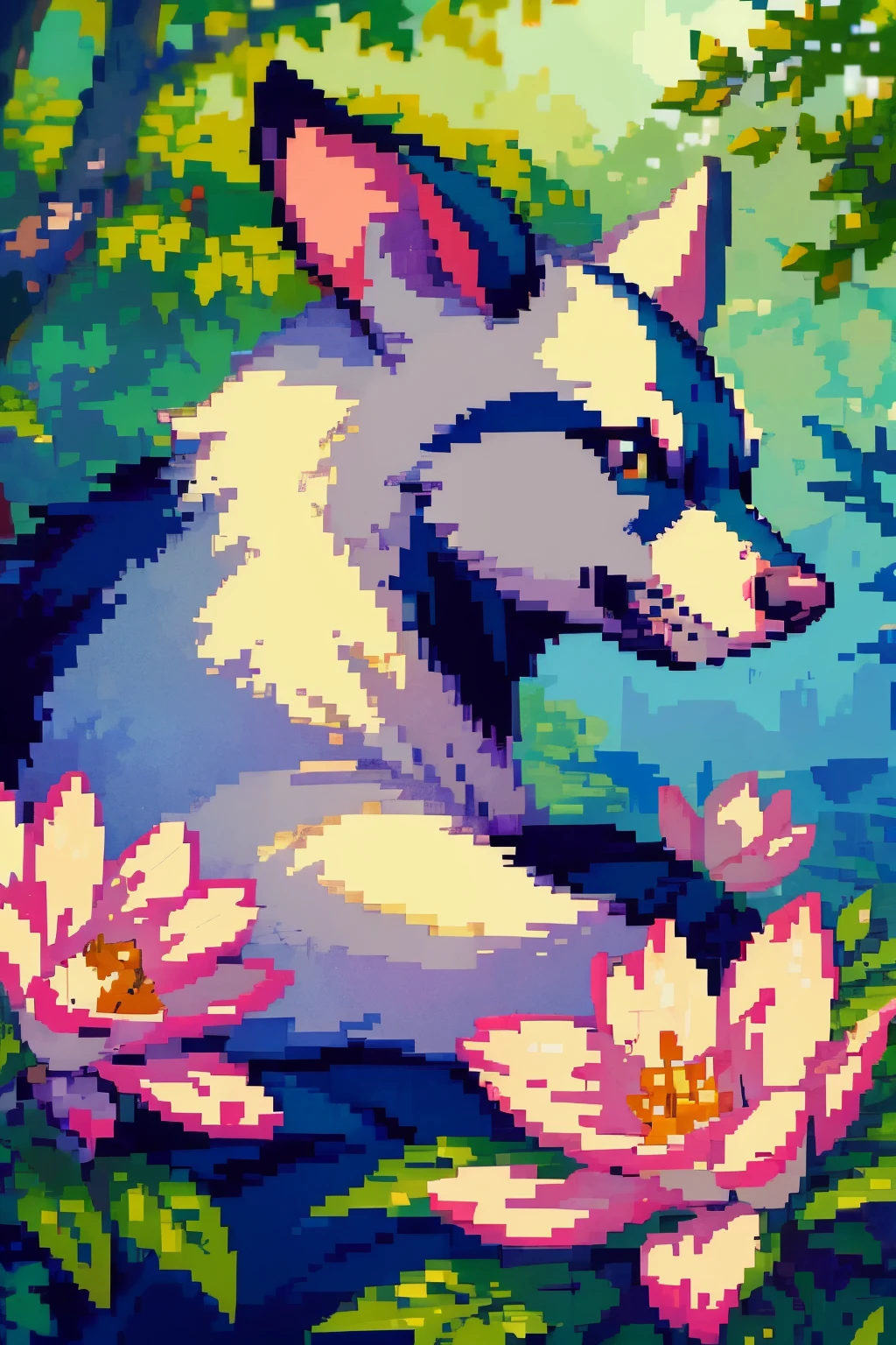 a beautiful pixelart wallpaper with a female badger as the main subject, rendered in high resolution with ultra-detailed features. The badger should have a realistic appearance, with detailed eyes, nose, and lips. The artwork should showcase a vibrant color palette, with vivid colors to bring the image to life. The lighting should be soft and natural, creating a warm and inviting atmosphere. Additionally, the badger can be surrounded by a lush forest background, with trees, flowers, and other elements of nature adding depth to the scene. The overall aesthetic should have a nostalgic feel, reminiscent of classic video games.