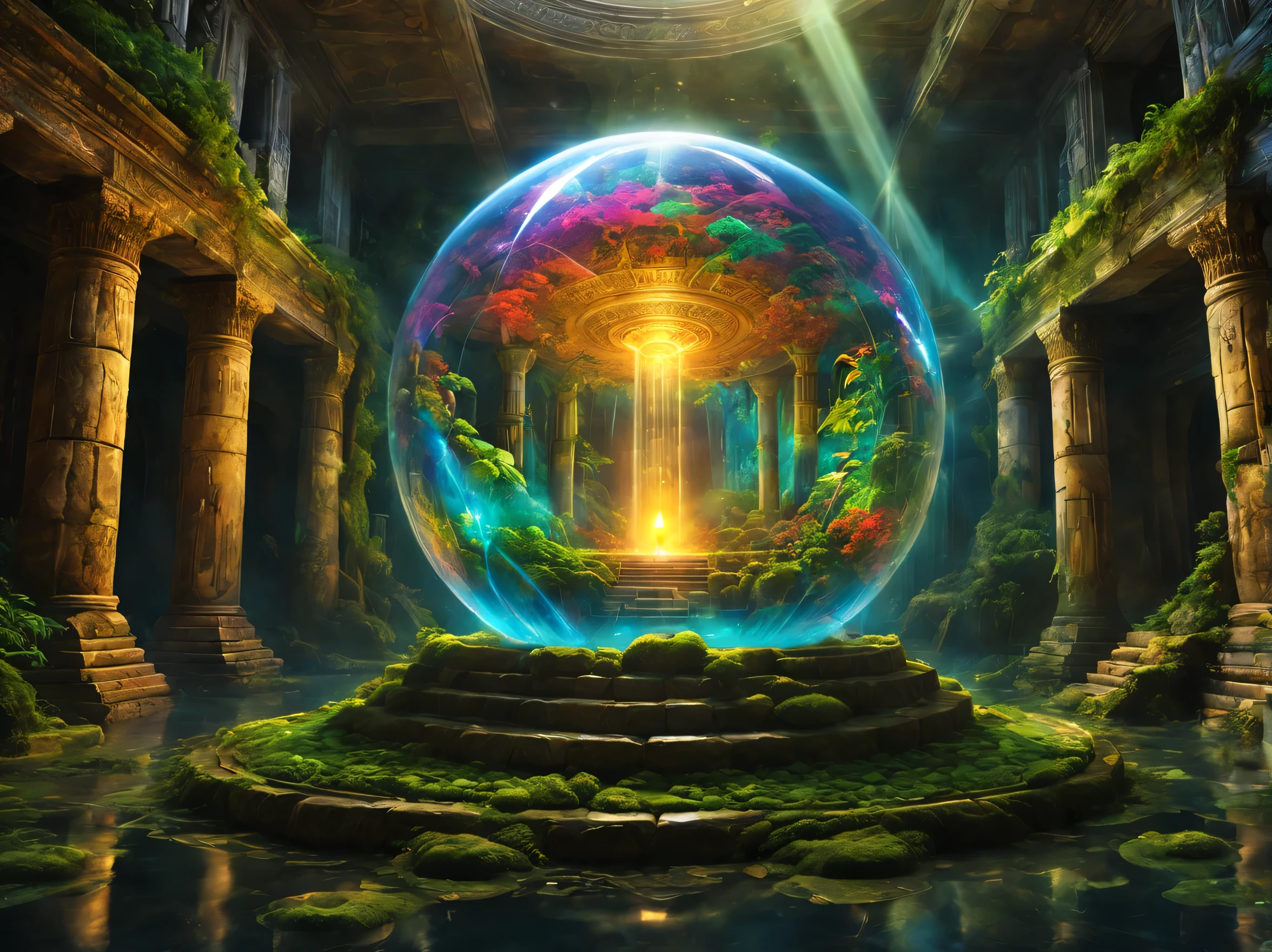 landscape,In the center of the room((spherical light:Mysterious:magic effect:light of science:intricate patterns drawn with light:be familiar with:holography:Reflects the beautiful vision of ancient civilizations:flash:rich colors:Cast colorful spells)),flash,とてもflash,Overgrown with plants,leaf,vine,moss,Background of ancient temples:dim:Surrounded by creative murals:delicate and beautiful,feel wisdom and wisdom,It was among the ruins of a destroyed civilization..,A temple surrounded by plants,A scene from a movie,fantasy,dramatic,magic effect,light of science,Science meets magic,(効果的にholographyを配置),How beautiful,beautiful light and shadow,3D,8K,dull壁画,decoration:money:Silver:dull,The time machine created by the ancients was forgotten..、now, deep inside the temple, it is waiting for visitors.,light leaking from the ceiling,A dreamy sight