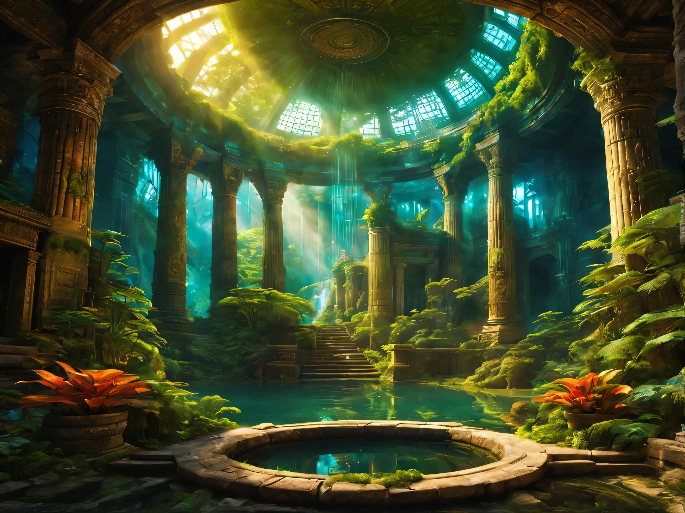 landscape,In the center of the room((spherical light:Mysterious:magic effect:light of science:intricate patterns drawn with light:be familiar with:holography:Reflects the beautiful vision of ancient civilizations:flash:rich colors:Cast colorful spells)),flash,とてもflash,Overgrown with plants,leaf,vine,moss,Background of ancient temples:dim:Surrounded by creative murals:delicate and beautiful,feel wisdom and wisdom,It was among the ruins of a destroyed civilization..,A temple surrounded by plants,A scene from a movie,fantasy,dramatic,magic effect,light of science,Science meets magic,(効果的にholographyを配置),How beautiful,beautiful light and shadow,3D,8K,dull壁画,decoration:money:Silver:dull,The time machine created by the ancients was forgotten..、now, deep inside the temple, it is waiting for visitors.,light leaking from the ceiling,A dreamy sight