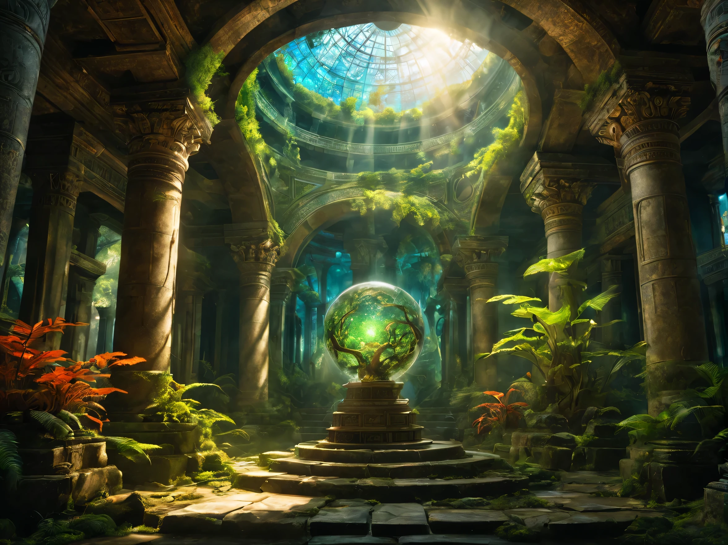 landscape,In the center of the room((spherical light:Mysterious:magic effect:light of science:intricate patterns drawn with light:be familiar with:holography:Reflects the beautiful vision of ancient civilizations:flash:rich colors:Cast colorful spells)),flash,とてもflash,Overgrown with plants,leaf,vine,moss,Background of ancient temples:dim:Surrounded by creative murals:delicate and beautiful,feel wisdom and wisdom,It was among the ruins of a destroyed civilization..,A temple surrounded by plants,A scene from a movie,fantasy,dramatic,magic effect,light of science,Science meets magic,(効果的にholographyを配置),How beautiful,beautiful light and shadow,3D,8K,dull壁画,decoration:money:Silver:dull,The time machine created by the ancients was forgotten..、now, deep inside the temple, it is waiting for visitors.,light leaking from the ceiling,A dreamy sight