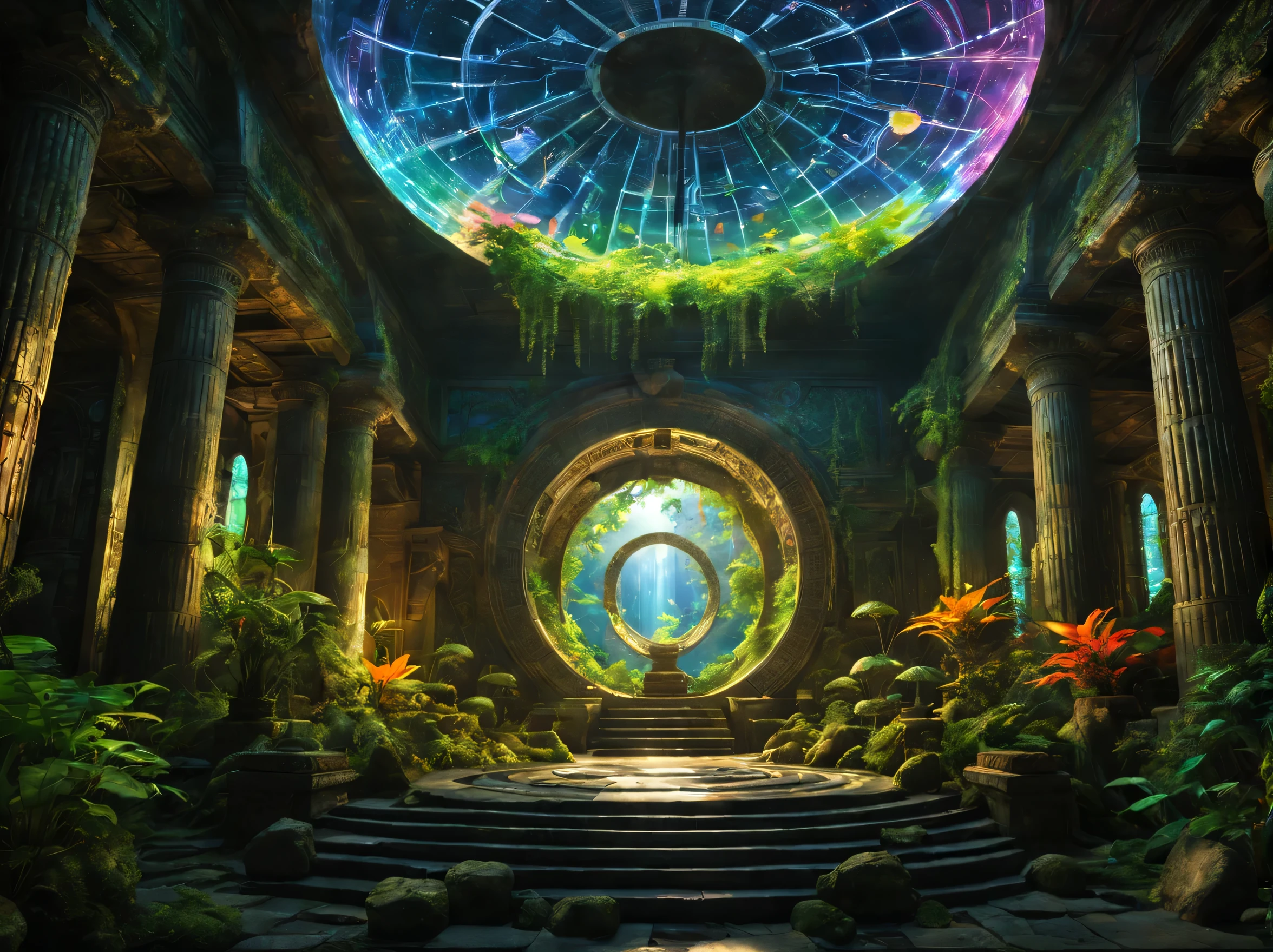 landscape,In the center of the room((spherical light:Mysterious:magic effect:light of science:intricate patterns drawn with light:be familiar with:holography:Reflects the beautiful vision of ancient civilizations:flash:rich colors:Cast colorful spells)),flash,とてもflash,Overgrown with plants,leaf,vine,moss,Background of ancient temples:dim:Surrounded by creative murals:delicate and beautiful,feel wisdom and wisdom,It was among the ruins of a destroyed civilization..,A temple surrounded by plants,A scene from a movie,fantasy,dramatic,magic effect,light of science,Science meets magic,(効果的にholographyを配置),How beautiful,beautiful light and shadow,3D,8K,dull壁画,decoration:money:Silver:dull,The time machine created by the ancients was forgotten..、now, deep inside the temple, it is waiting for visitors.,light leaking from the ceiling,A dreamy sight