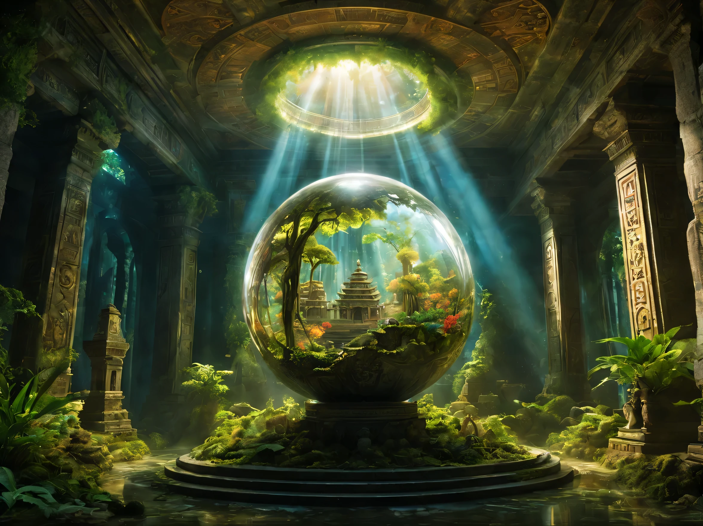 landscape,In the center of the room((spherical light:Mysterious:magic effect:light of science:intricate patterns drawn with light:be familiar with:holography:Reflects the beautiful vision of ancient civilizations:flash:rich colors:Cast colorful spells)),flash,とてもflash,Overgrown with plants,leaf,vine,moss,Background of ancient temples:dim:Surrounded by creative murals:delicate and beautiful,feel wisdom and wisdom,It was among the ruins of a destroyed civilization..,A temple surrounded by plants,A scene from a movie,fantasy,dramatic,magic effect,light of science,Science meets magic,(効果的にholographyを配置),How beautiful,beautiful light and shadow,3D,8K,dull壁画,decoration:money:Silver:dull,The time machine created by the ancients was forgotten..、now, deep inside the temple, it is waiting for visitors.,light leaking from the ceiling,A dreamy sight