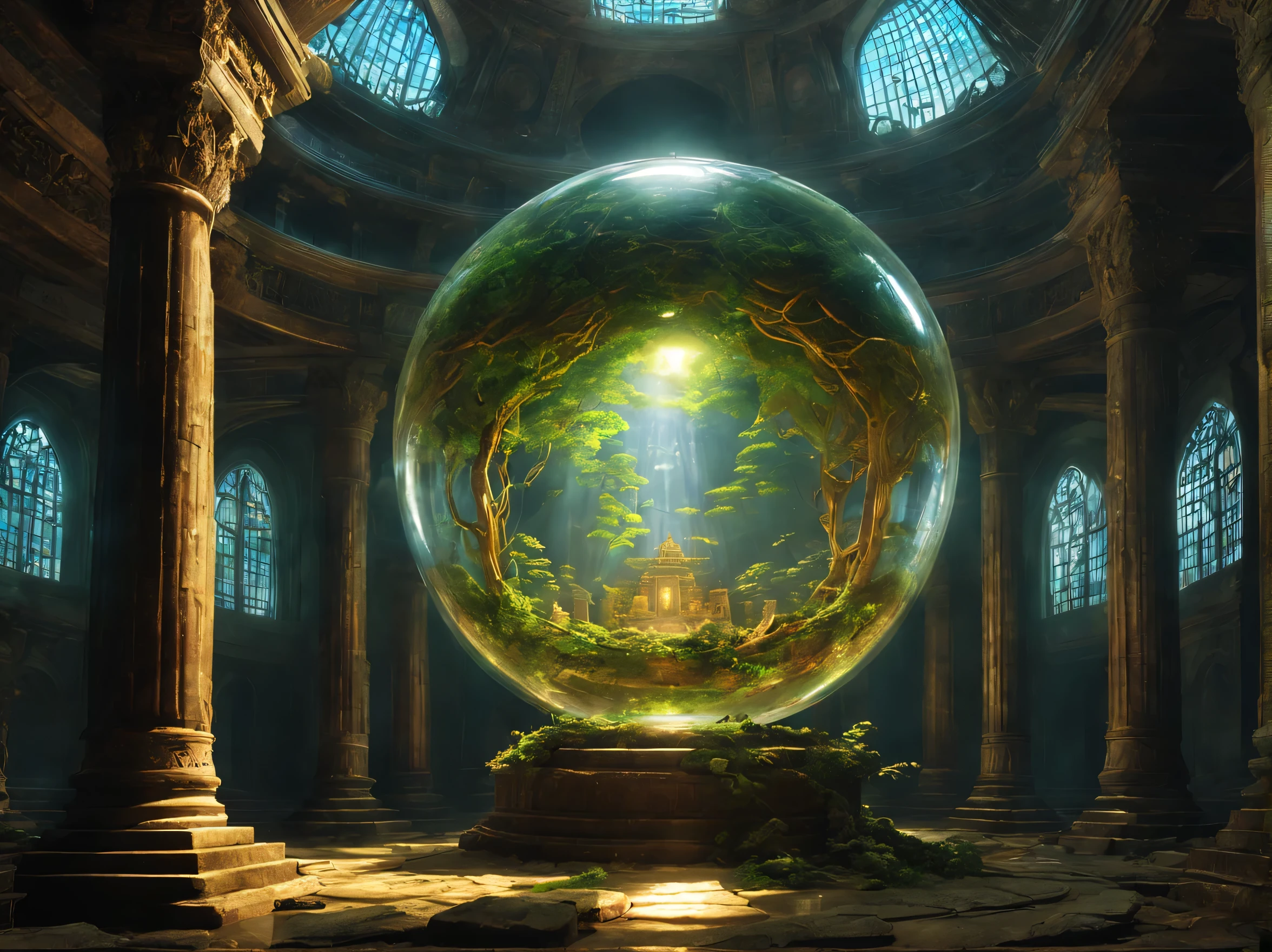 landscape,In the center of the room((spherical light:Mysterious:magic effect:light of science:intricate patterns drawn with light:be familiar with:holography:Reflects the beautiful vision of ancient civilizations:flash:rich colors:Cast colorful spells)),flash,とてもflash,Overgrown with plants,leaf,vine,moss,Background of ancient temples:dim:Surrounded by creative murals:delicate and beautiful,feel wisdom and wisdom,It was among the ruins of a destroyed civilization..,A temple surrounded by plants,A scene from a movie,fantasy,dramatic,magic effect,light of science,Science meets magic,(効果的にholographyを配置),How beautiful,beautiful light and shadow,3D,8K,dull壁画,decoration:money:Silver:dull,The time machine created by the ancients was forgotten..、now, deep inside the temple, it is waiting for visitors.,light leaking from the ceiling,A dreamy sight