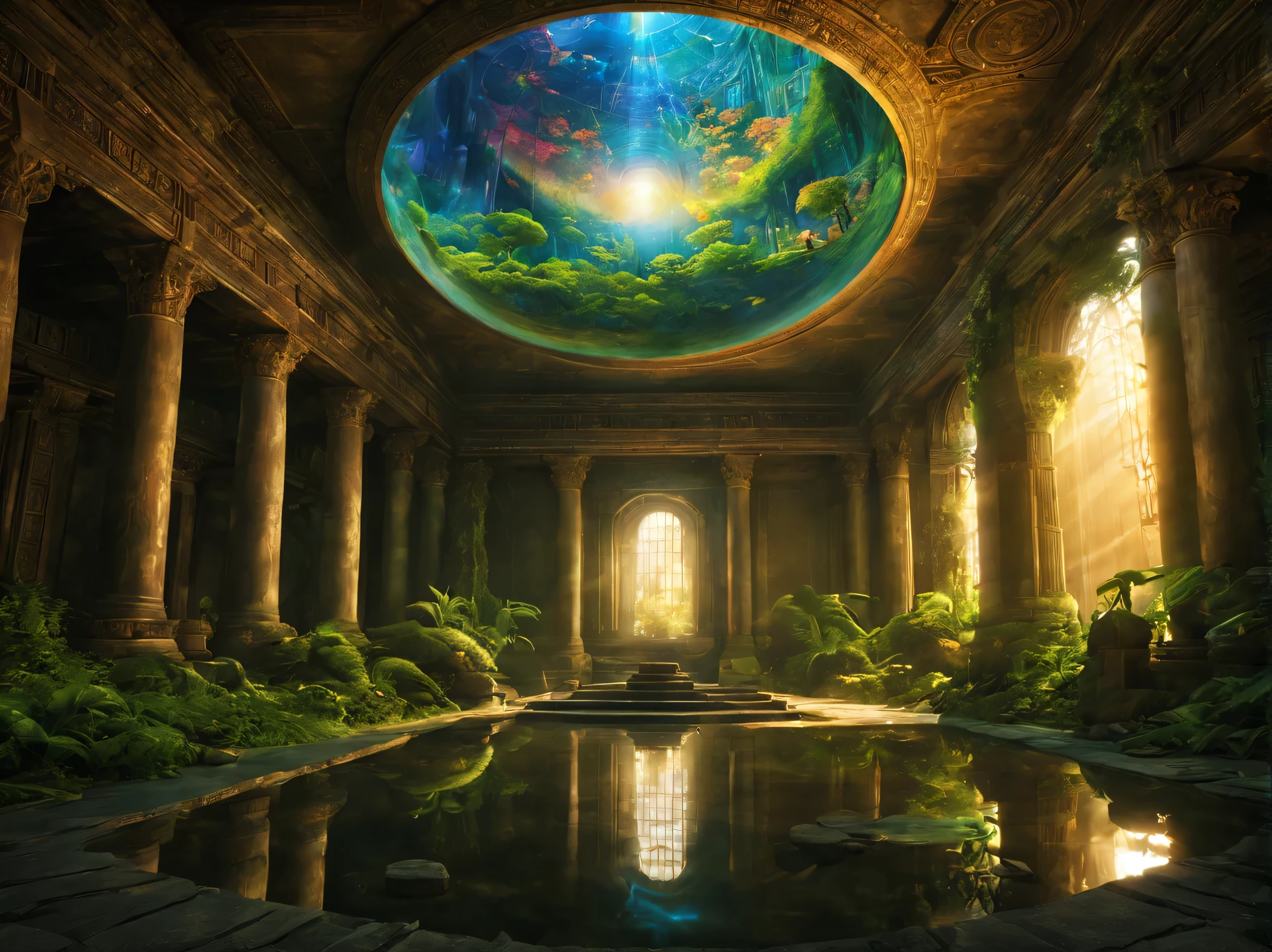 landscape,In the center of the room((spherical light:Mysterious:magic effect:light of science:intricate patterns drawn with light:be familiar with:holography:Reflects the beautiful vision of ancient civilizations:flash:rich colors:Cast colorful spells)),flash,とてもflash,Overgrown with plants,leaf,vine,moss,Background of ancient temples:dim:Surrounded by creative murals:delicate and beautiful,feel wisdom and wisdom,It was among the ruins of a destroyed civilization..,A temple surrounded by plants,A scene from a movie,fantasy,dramatic,magic effect,light of science,Science meets magic,(効果的にholographyを配置),How beautiful,beautiful light and shadow,3D,8K,dull壁画,decoration:money:Silver:dull,The time machine created by the ancients was forgotten..、now, deep inside the temple, it is waiting for visitors.,light leaking from the ceiling,A dreamy sight