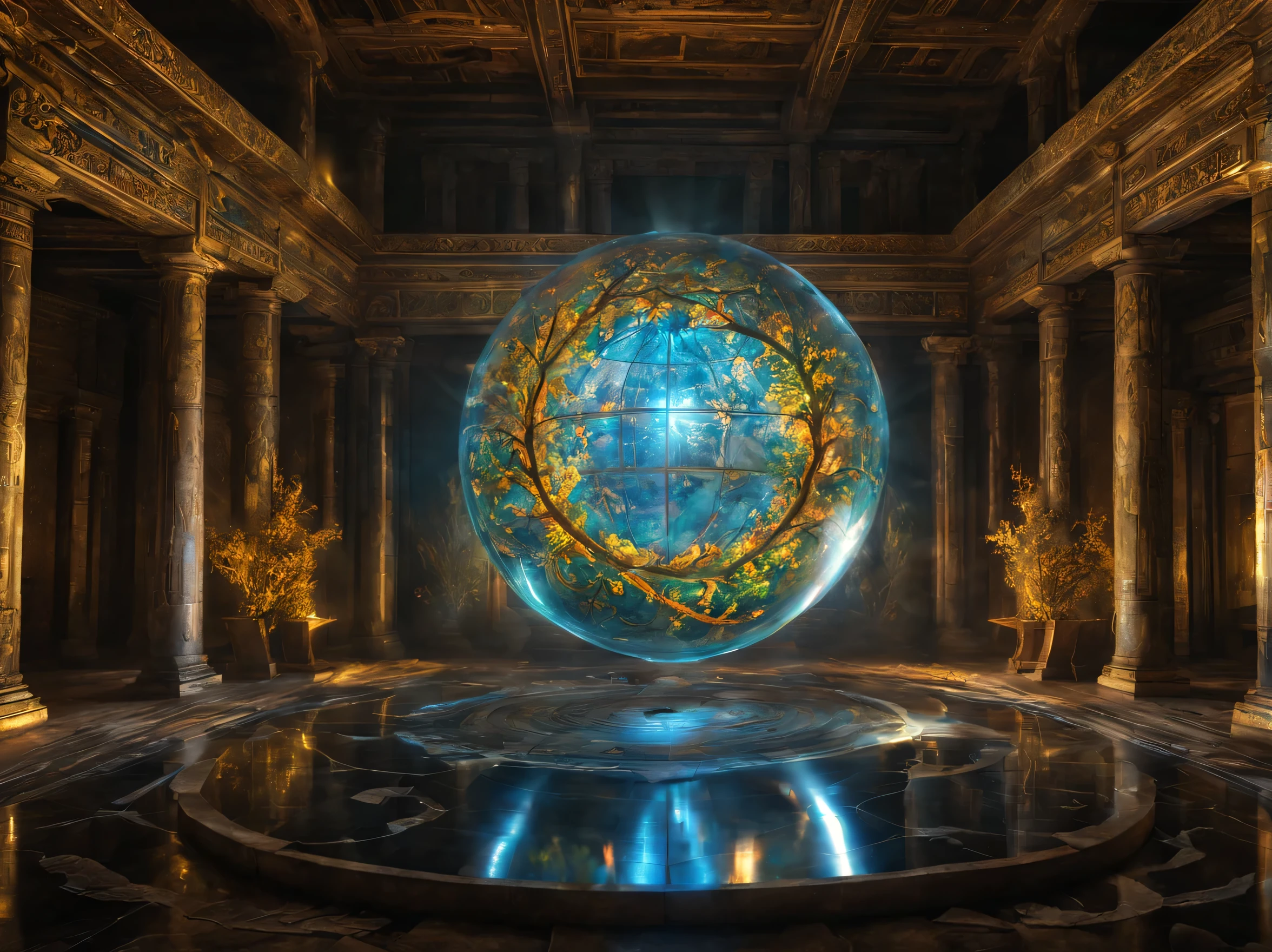 landscape,In the center of the room((spherical light sphere:Mysterious:magic effect:light of science:intricate patterns drawn with light:be familiar with:holography:Reflects the beautiful vision of ancient civilizations:flash:rich colors:Cast colorful spells)),flash,とてもflash,brown vine,leaf,overgrown,Background of ancient temples:dim:Surrounded by creative murals:delicate and beautiful,feel wisdom and wisdom,It was among the ruins of a destroyed civilization..,temple covered in vines,A scene from a movie,fantasy,dramatic,magic effect,light of science,Science meets magic,(効果的にholographyを配置),How beautiful,beautiful light and shadow,3D,8K,dull壁画,decoration:money:Silver:dull,The time machine created by the ancients was forgotten..、now, deep inside the temple, it is waiting for visitors.,light leaking from the ceiling,A dreamy sight
