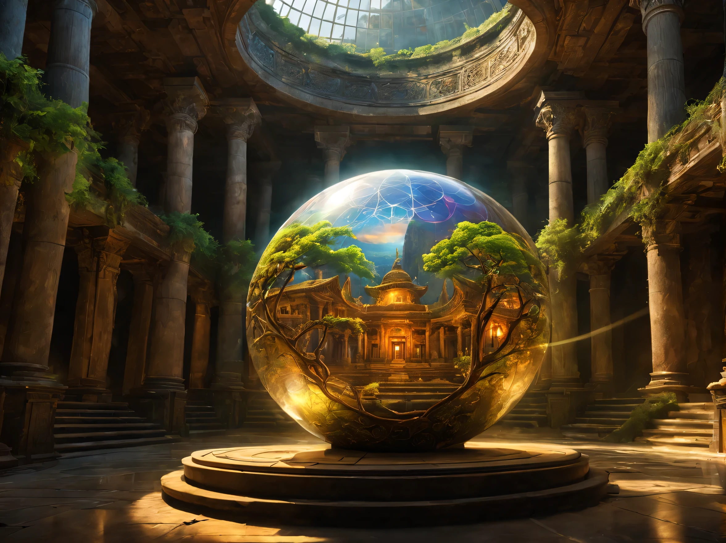 landscape,In the center of the room((spherical light:Mysterious:magic effect:light of science:intricate patterns drawn with light:be familiar with:holography:Reflects the beautiful vision of ancient civilizations:flash:rich colors:Cast colorful spells)),flash,とてもflash,Overgrown with plants,leaf,vine,moss,Background of ancient temples:dim:Surrounded by creative murals:delicate and beautiful,feel wisdom and wisdom,It was among the ruins of a destroyed civilization..,A temple surrounded by plants,A scene from a movie,fantasy,dramatic,magic effect,light of science,Science meets magic,(効果的にholographyを配置),How beautiful,beautiful light and shadow,3D,8K,dull壁画,decoration:money:Silver:dull,The time machine created by the ancients was forgotten..、now, deep inside the temple, it is waiting for visitors.,light leaking from the ceiling,A dreamy sight