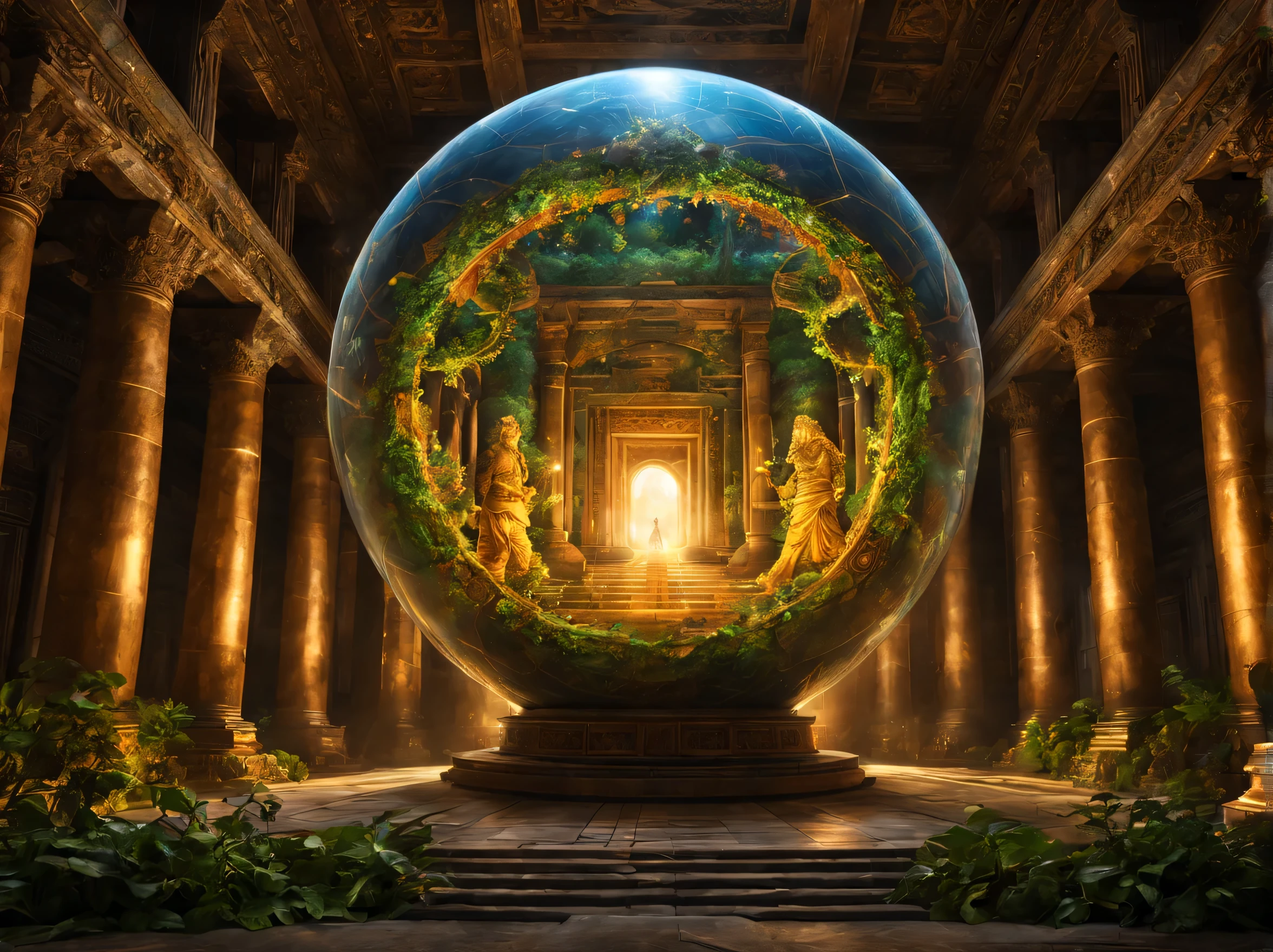 landscape,In the center of the room((spherical light sphere:Mysterious:magic effect:light of science:intricate patterns drawn with light:be familiar with:holography:Reflects the beautiful vision of ancient civilizations:flash:rich colors:Cast colorful spells)),flash,とてもflash,brown vine,leaf,overgrown,Background of ancient temples:dim:Surrounded by creative murals:delicate and beautiful,feel wisdom and wisdom,It was among the ruins of a destroyed civilization..,temple covered in vines,A scene from a movie,fantasy,dramatic,magic effect,light of science,Science meets magic,(効果的にholographyを配置),How beautiful,beautiful light and shadow,3D,8K,dull壁画,decoration:money:Silver:dull,The time machine created by the ancients was forgotten..、now, deep inside the temple, it is waiting for visitors.,light leaking from the ceiling,A dreamy sight