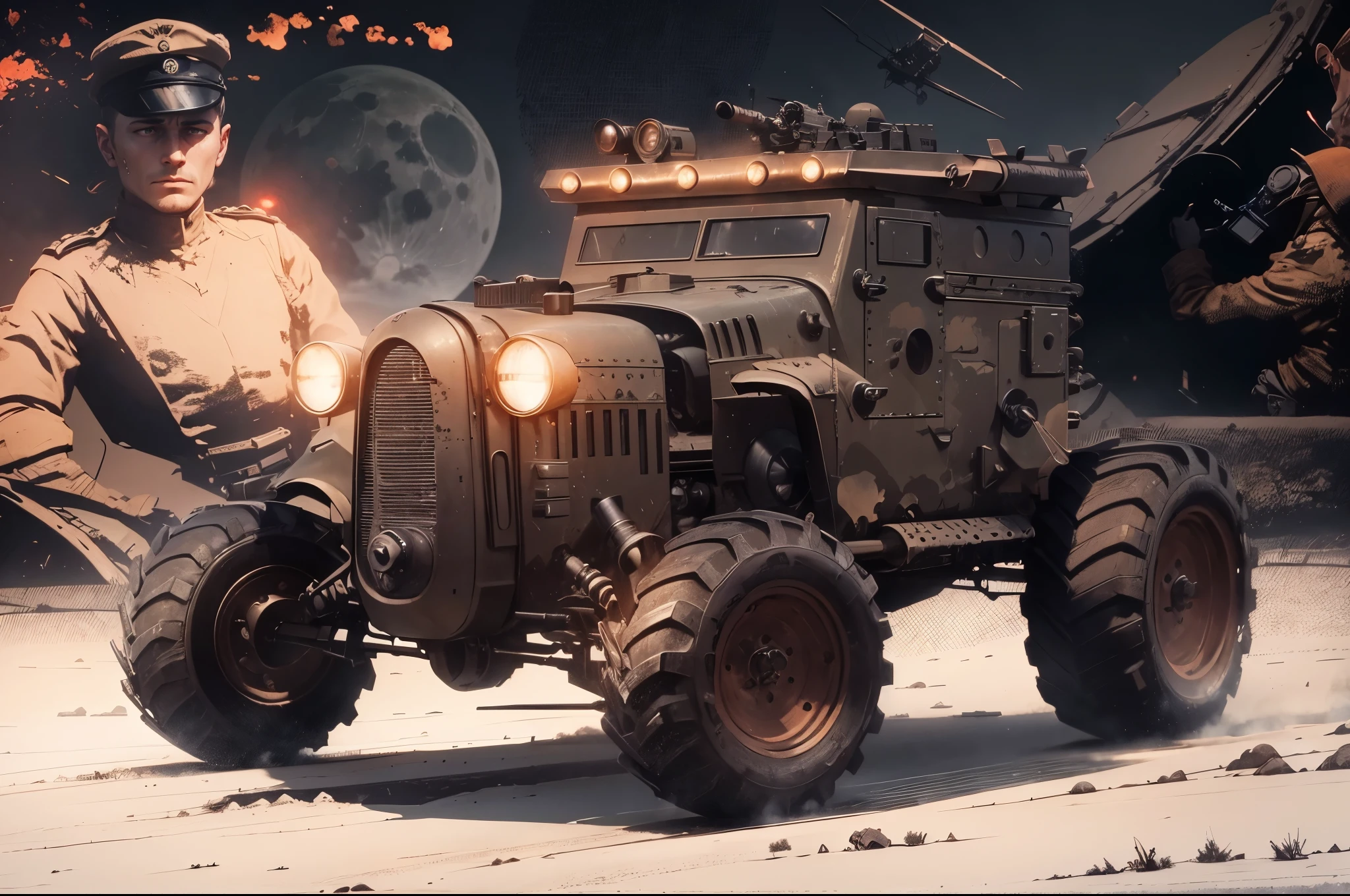 A monstrous Panzerkampfwagen, bristling with twin Maxim machine guns on its turret, roars across the moonlit battlefield. Behind it, a young German officer, face etched with fatigue but eyes burning with determination, hunches over a flickering candle, scrawling a letter to his wife. In the distance, soldiers scramble to adjust a cumbersome radar dish, its antenna frantically searching the twilight sky as a lone biplane, tracer fire spitting from its wings, dives headlong towards unseen enemies. An enormous, blood-red moon hangs low in the sky, casting long, eerie shadows across the desolate landscape