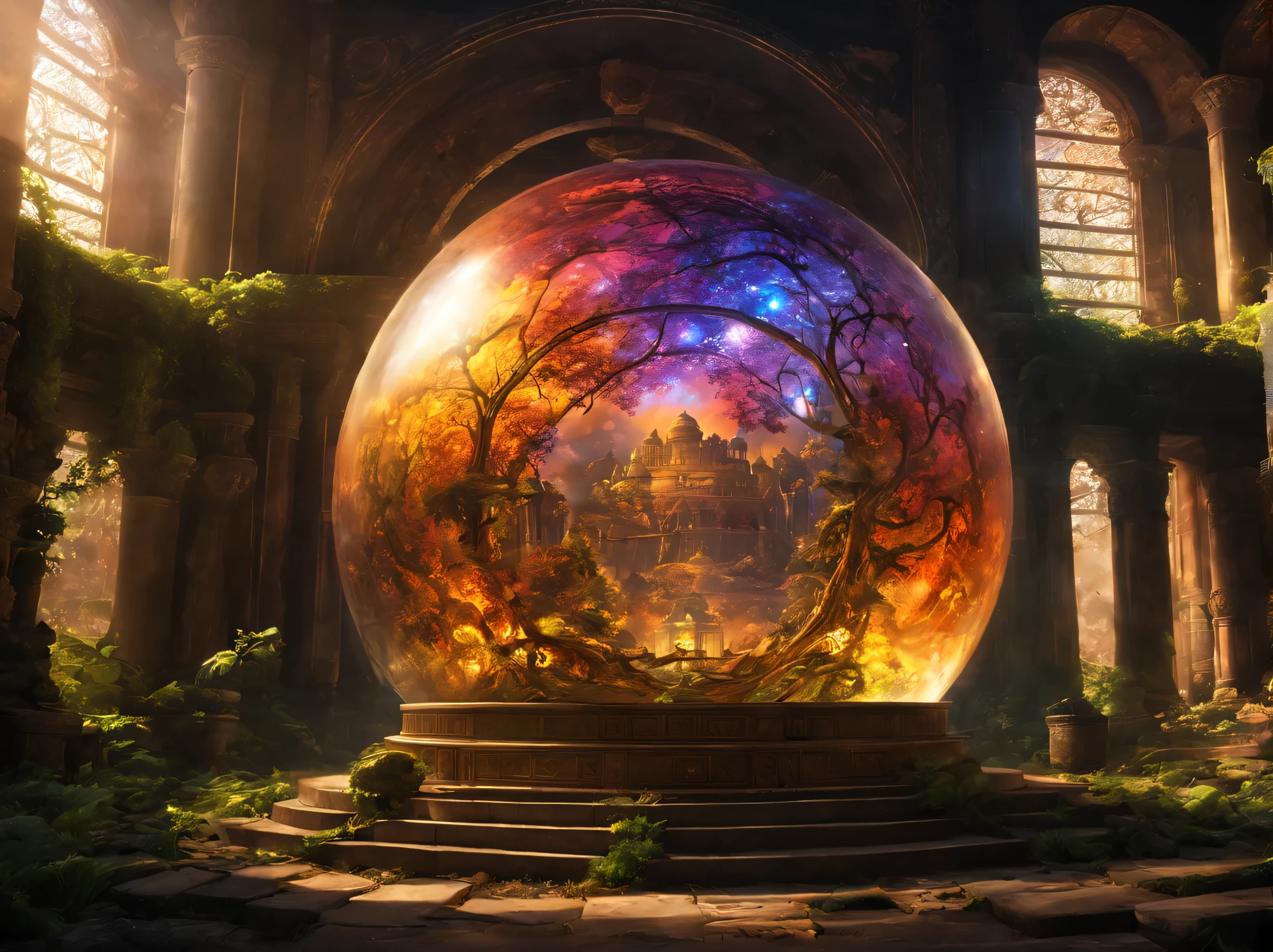 landscape,In the center of the room((spherical light:Mysterious:magic effect:light of science:intricate patterns drawn with light:be familiar with:holography:Reflects the beautiful vision of ancient civilizations:flash:rich colors:Cast colorful spells)),flash,とてもflash,Overgrown with plants,leaf,vine,moss,Background of ancient temples:dim:Surrounded by creative murals:delicate and beautiful,feel wisdom and wisdom,It was among the ruins of a destroyed civilization..,A temple surrounded by plants,A scene from a movie,fantasy,dramatic,magic effect,light of science,Science meets magic,(効果的にholographyを配置),How beautiful,beautiful light and shadow,3D,8K,dull壁画,decoration:money:Silver:dull,The time machine created by the ancients was forgotten..、now, deep inside the temple, it is waiting for visitors.,light leaking from the ceiling,A dreamy sight