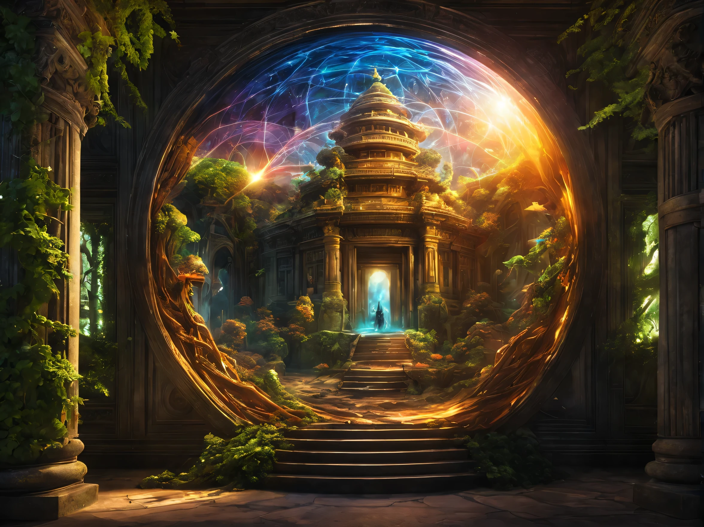 landscape,In the center of the room((spherical light:Mysterious:magic effect:light of science:intricate patterns drawn with light:be familiar with:holography:Reflects the beautiful vision of ancient civilizations:flash:rich colors:Cast colorful spells)),flash,とてもflash,Overgrown with plants,leaf,vine,moss,Background of ancient temples:dim:Surrounded by creative murals:delicate and beautiful,feel wisdom and wisdom,It was among the ruins of a destroyed civilization..,A temple surrounded by plants,A scene from a movie,fantasy,dramatic,magic effect,light of science,Science meets magic,(効果的にholographyを配置),How beautiful,beautiful light and shadow,3D,8K,dull壁画,decoration:money:Silver:dull,The time machine created by the ancients was forgotten..、now, deep inside the temple, it is waiting for visitors.,light leaking from the ceiling,A dreamy sight