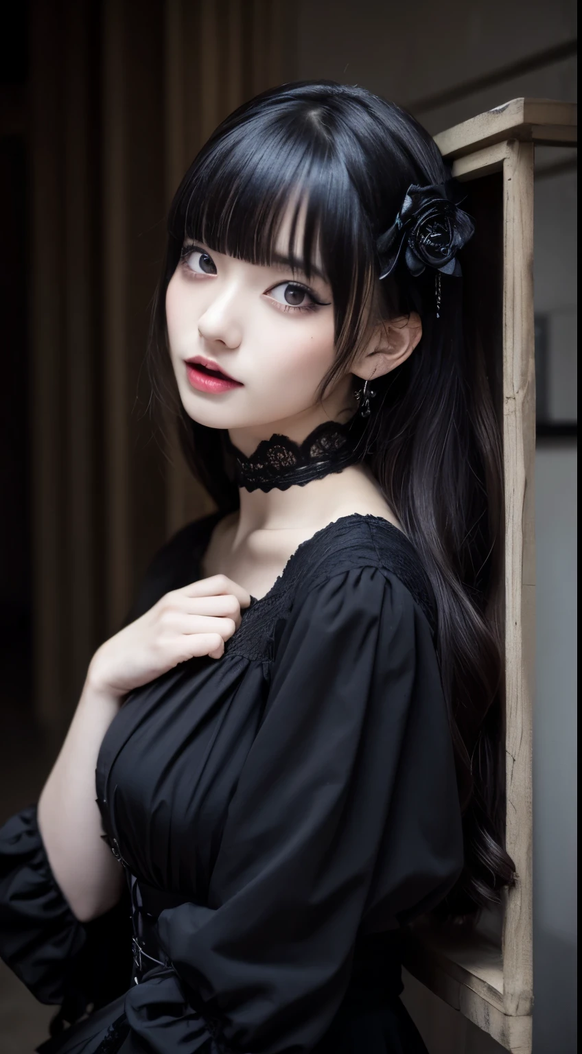 Gothic lolita、Arm Spread Pose、Ahegao、⦅Skin revealing⦆、Breasts、crisp image、absolutely outstanding image, very extremely beautiful、masterpiece, top-quality,a picture, kawaii、⦅Colossal tits:1.2⦆,8k,Gothic architecture