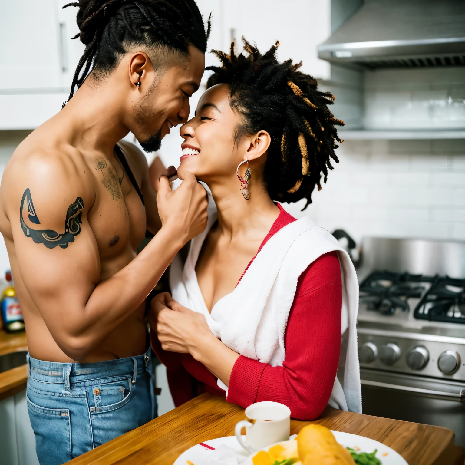 realistic photography, beautiful Indonesian woman, 51 years old, wearing a white towel, sitting on the table, in a clean kitchen, tattooed on her chest with the word "Khaito", giving a kiss to an African American man with colorful dreadlocks, 22 years old, together sipping a cup of coffee which spilled a little on their bodies, hair a little wet, looking at each other smiling happily