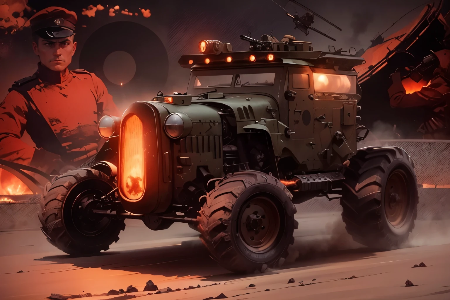 A monstrous Panzerkampfwagen, bristling with twin Maxim machine guns on its turret, roars across the moonlit battlefield. Behind it, a young German officer, face etched with fatigue but eyes burning with determination, hunches over a flickering candle, scrawling a letter to his wife. In the distance, soldiers scramble to adjust a cumbersome radar dish, its antenna frantically searching the twilight sky as a lone biplane, tracer fire spitting from its wings, dives headlong towards unseen enemies. An enormous, blood-red moon hangs low in the sky, casting long, eerie shadows across the desolate landscape