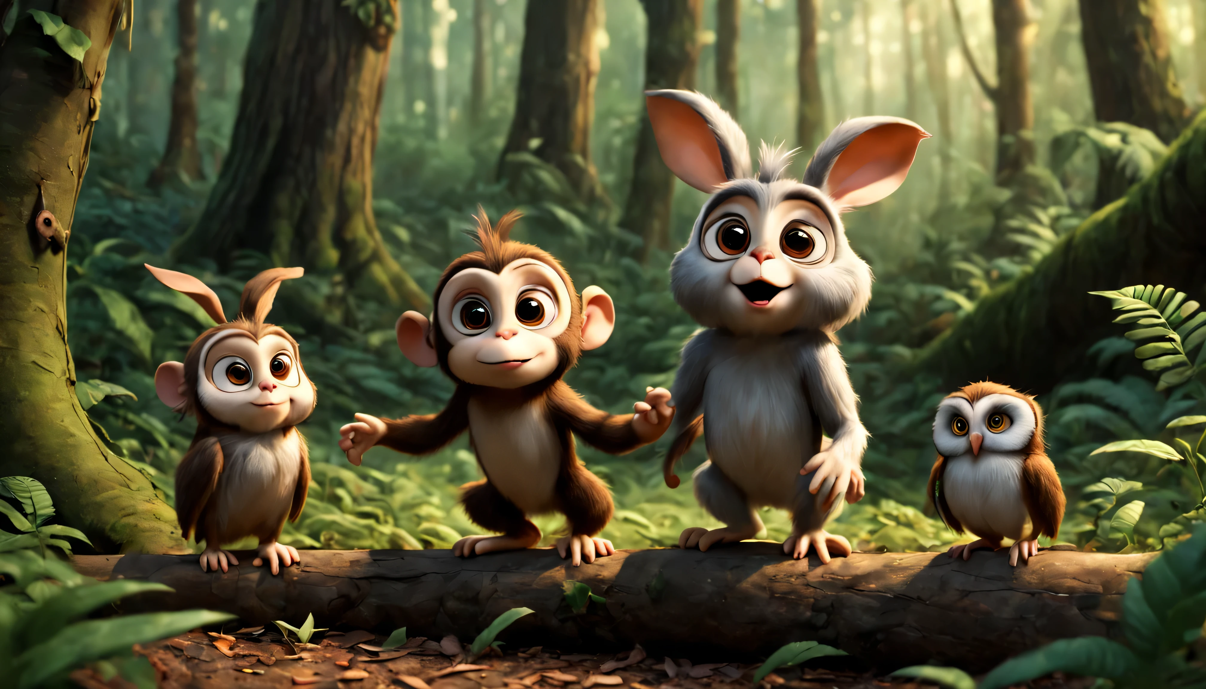 um coelho, um macaco e uma coruja brincando na floresta, disneypixar, realista, 4k