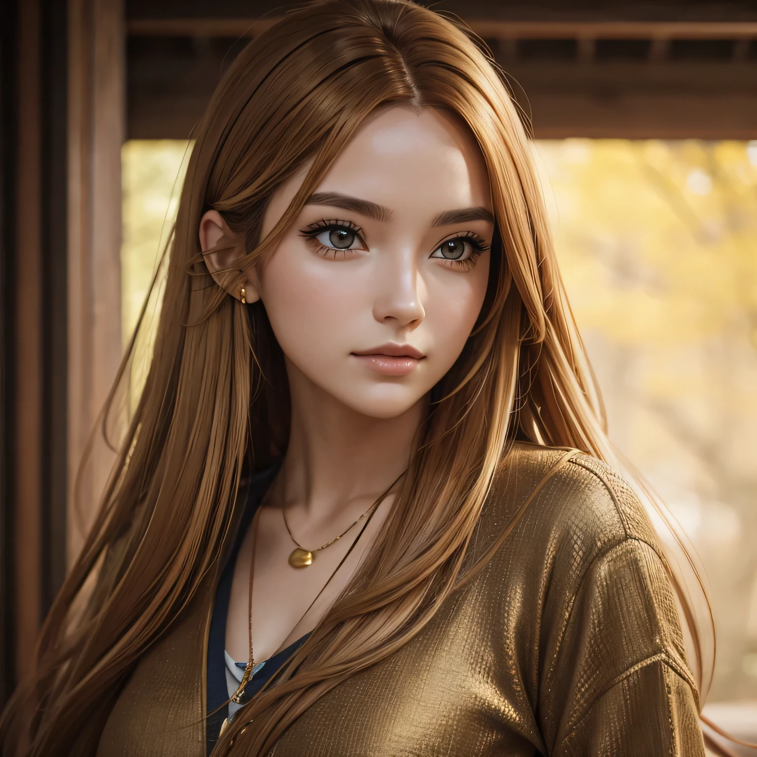 highly detailed, woman, golden bronze hair, casual clothes, depth of field