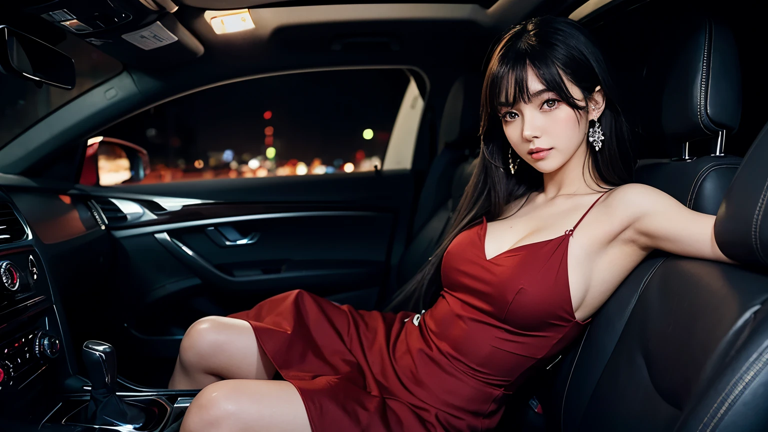 (best quality,anime style:1.2), full shot, frontal view, night, inside a car, a woman sitting in the backseat, dressed up, long hair, looking slightly tired, a 25-year-old woman, wearing a red dress, ruby earrings, leaning against the seat and facing forward while talking to the driver.