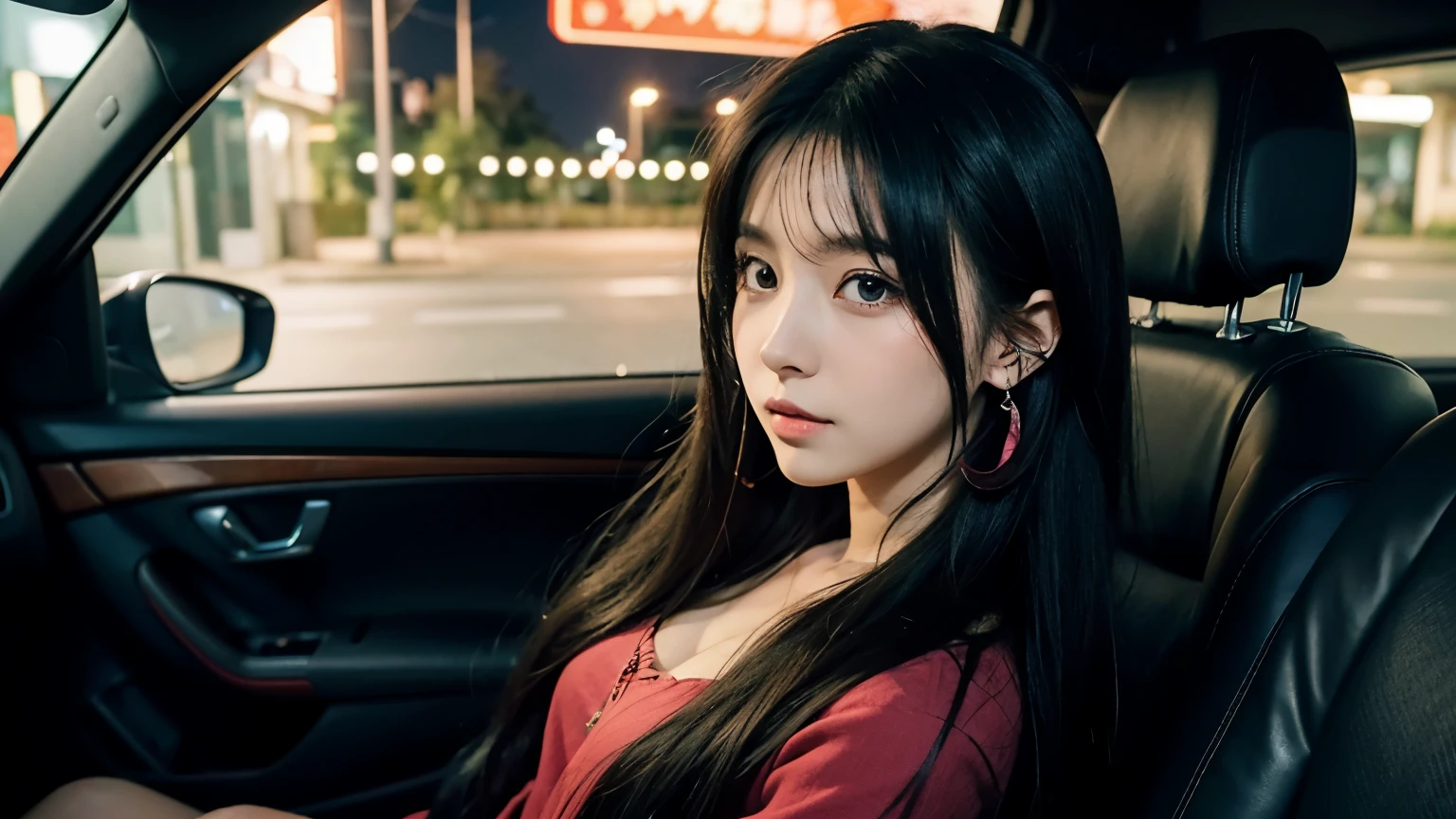 (best quality, anime style:1.2), full shot, front view, midnight, car interior, a woman sitting on the back seat, dressed up, with long hair, looking a bit tired, a 25-year-old woman, wearing ruby earrings, leaning against the seat, facing forward, talking to the driver.