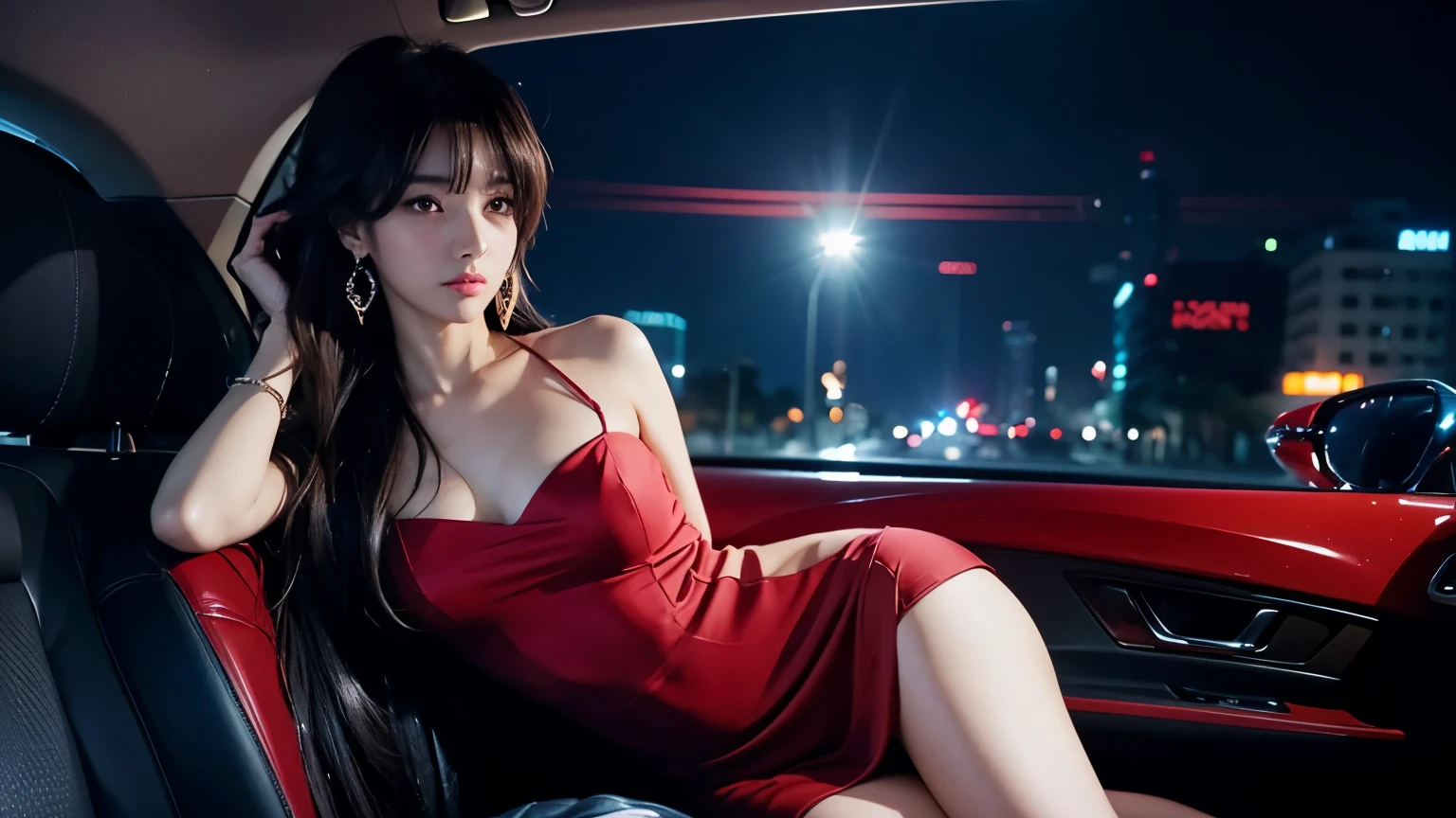 (best quality,anime style:1.2), full shot, frontal view, night, inside a car, a woman sitting in the backseat, dressed up, long hair, looking slightly tired, a 25-year-old woman, wearing a red dress, ruby earrings, leaning against the seat and facing forward while talking to the driver.