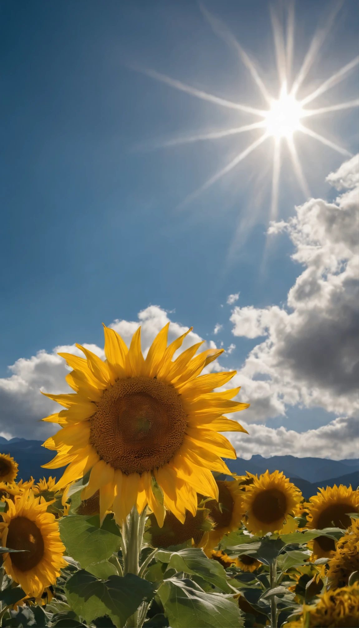 （noon），Big Sun，（Blue sky and white clouds），Under the snowy mountains，（sunflower field）。high details, high quality, super detail, UHD, masterpiece, ccurate, best quality, 16k。no humans