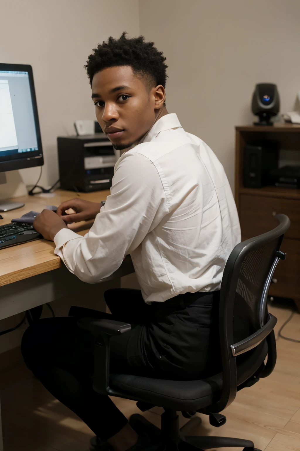 A young African American male sitting at a computer desk with back towards camera ((best quality)), ((masterpiece)), (detailed)