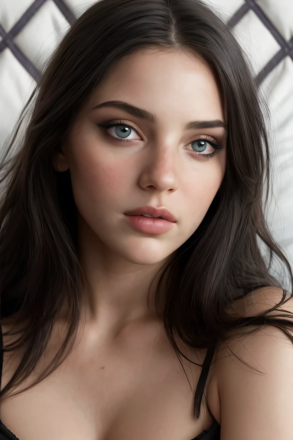 usando lenceria gotica , retrato de cuerpo completo, Hermoso rostro, pelo azul, ojos bonitos, ojos abiertos, Hyper realistic, textura realista, natural lighting, Motor irreal, tendencia en artstation, Cinestil 800, acostado en una cama