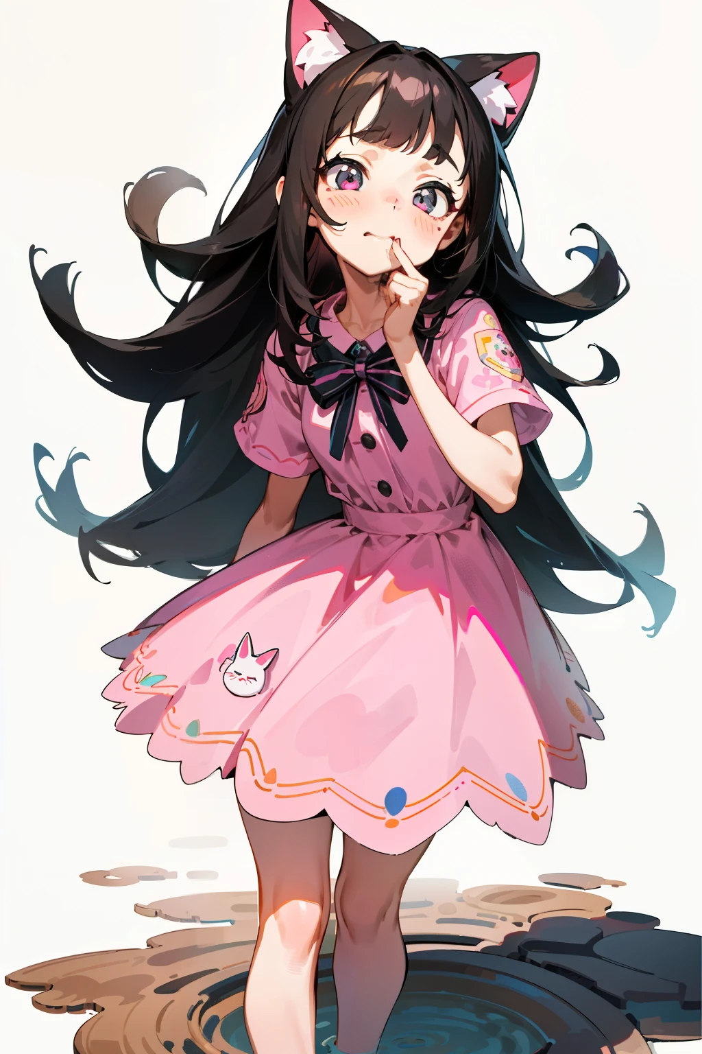 One girl with adorable realcat stickers in her long, dark hair stands embarrassed in front of a white background. With her pink dress and blushing cheeks, she tries to keep her mouth shut as she contours her body to hide an unexpected accident - a small puddle forming on the ground beneath her mini skirt. The vector art style adds intricate details to her fine skin and expressive kawaii facial features. Despite the awkward situation, her  frame exudes a quiet cuteness that is impossible to ignore.