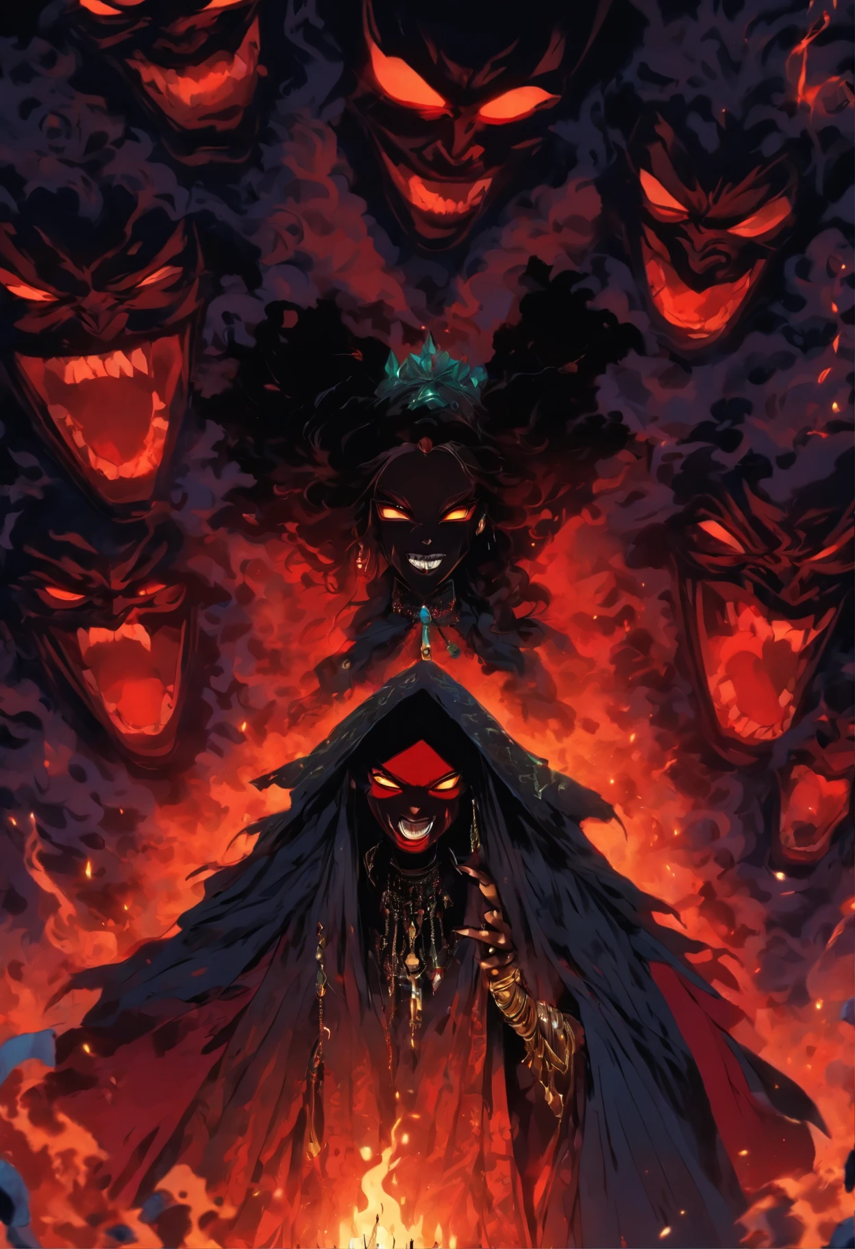 (Haitian gothic priestess) shouting into the abyss, mysterious, enchanting, hauntingly beautiful, (detailed facial features, brutal corpse paint, piercing eyes, dark red lips), (tattered flowing ceremonial robes), (sigillum dei aemeth necklace), (candlelit backdrop, ominous atmosphere), (best quality, highres, ultra-detailed), (dramatic lighting, shadows, ethereal glowing), (beautifully composed, intricate details), (evokes a sense of desire and forbidden allure).
