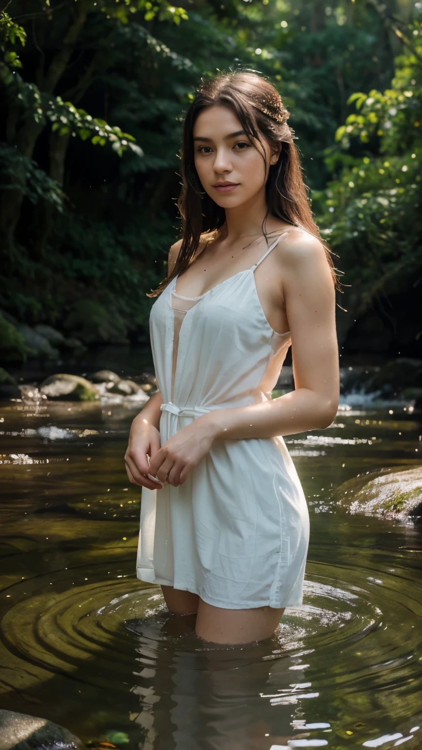 A woman bathing in a river wearing a thin white dress, with mountains in the background.
(best quality,4k,8k,highres,masterpiece:1.2),ultra-detailed,(realistic,photorealistic,photo-realistic:1.37), HDR, UHD, studio lighting, ultra-fine painting, sharp focus, physically-based rendering, extreme detail description, professional, vivid colors, bokeh, portraits, landscape, nature, serene ambiance, flowing water, lush vegetation, delicate flow of the dress, calm and peaceful expression, realistic water reflections, slight mist in the air, soft natural lighting, sunlight filtering through trees, a sense of tranquility and serenity.