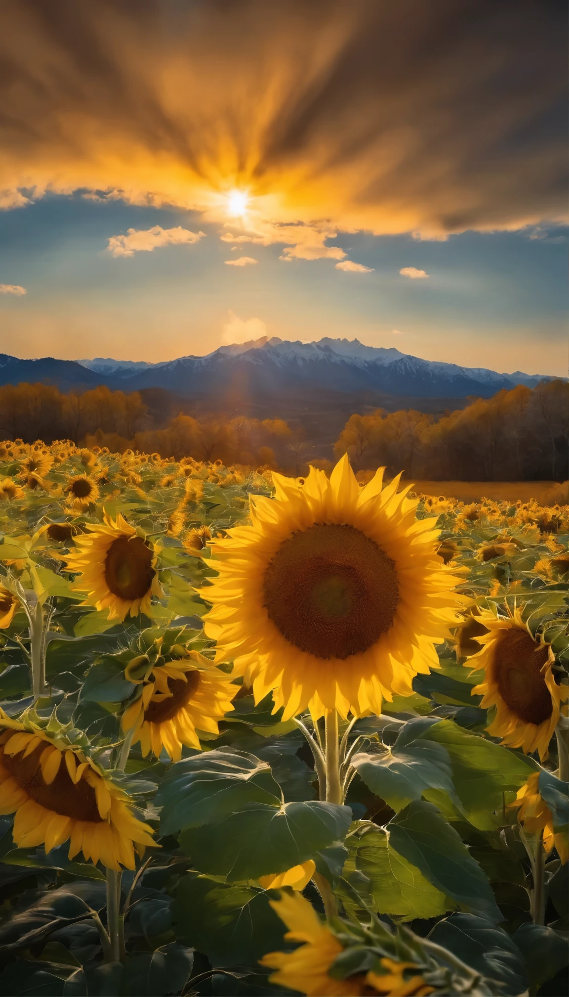 (noon),Big Sun,(Blue sky and white clouds),Under the snowy mountains,(sunflower field)。high details, high quality, super detail, UHD, masterpiece, ccurate, best quality, 16k。no humans