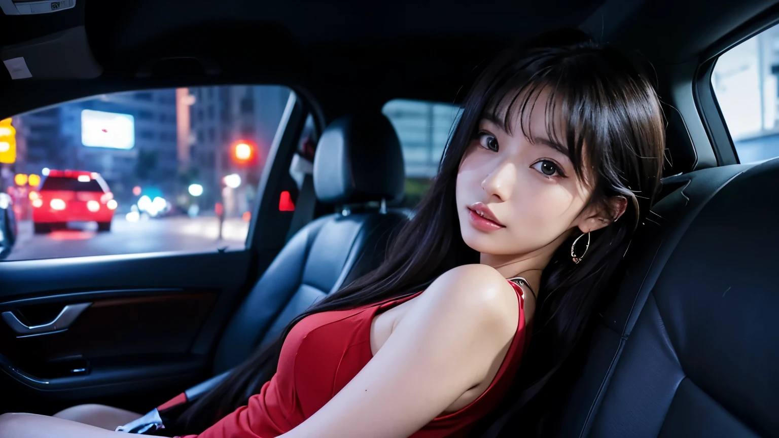 (best quality,anime style:1.2),full shot,front view,nighttime street,vibrant street,luxury car interior,women sitting on the rear seat,dressed up,long hair,slightly tired-looking,25-year-old woman,wearing a red dress,ruby earrings,sitting leaning forward,engaging in conversation with the driver.