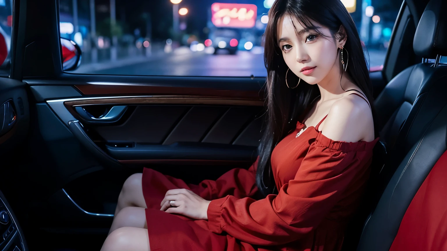 (best quality,anime style:1.2),full shot,front view,nighttime street,vibrant street,luxury car interior,women sitting on the rear seat,dressed up,long hair,slightly tired-looking,25-year-old woman,wearing a red dress,ruby earrings,sitting leaning forward,engaging in conversation with the driver.